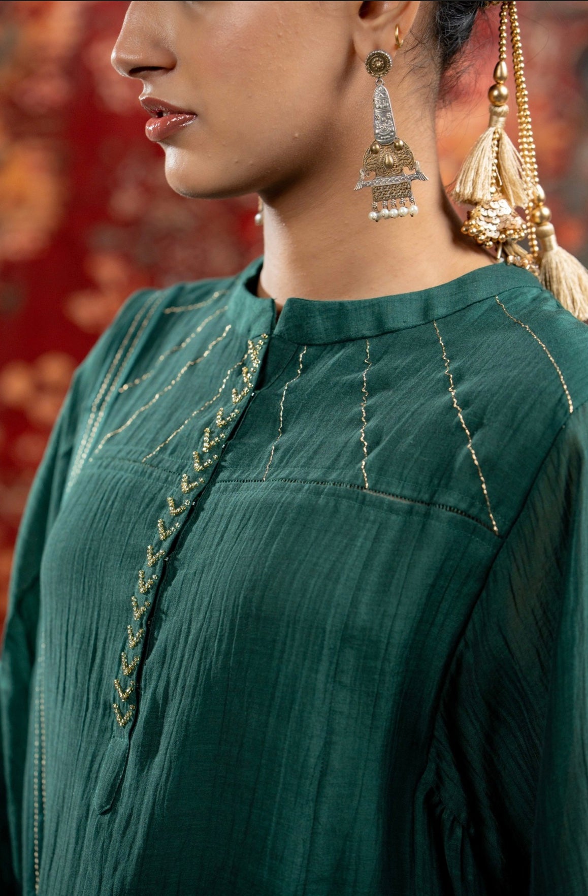 Emerald Green Mul Chanderi Suit Set with Minimal Hand Detailing