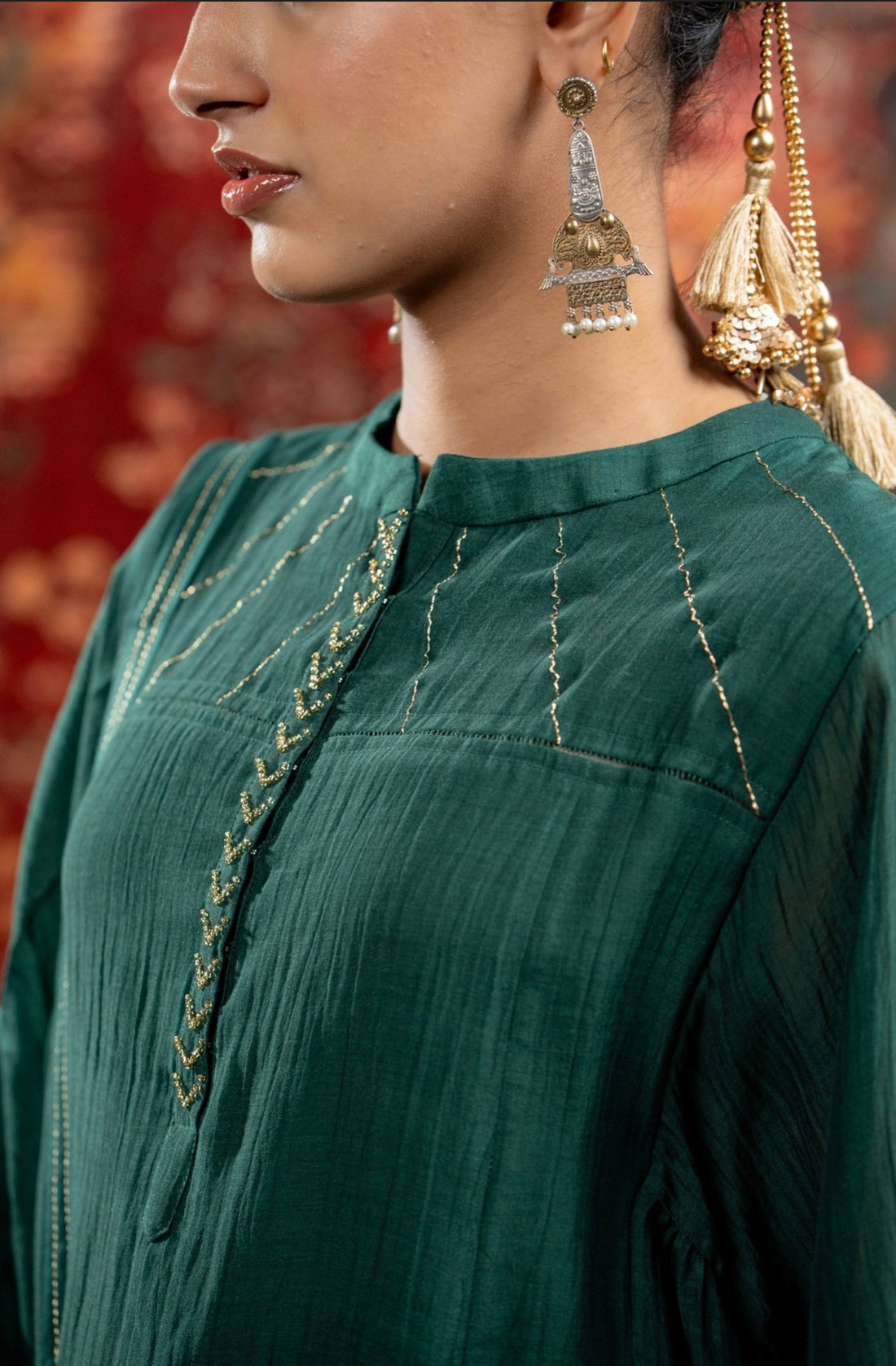 Emerald Green Mul Chanderi Suit Set with Minimal Hand Detailing