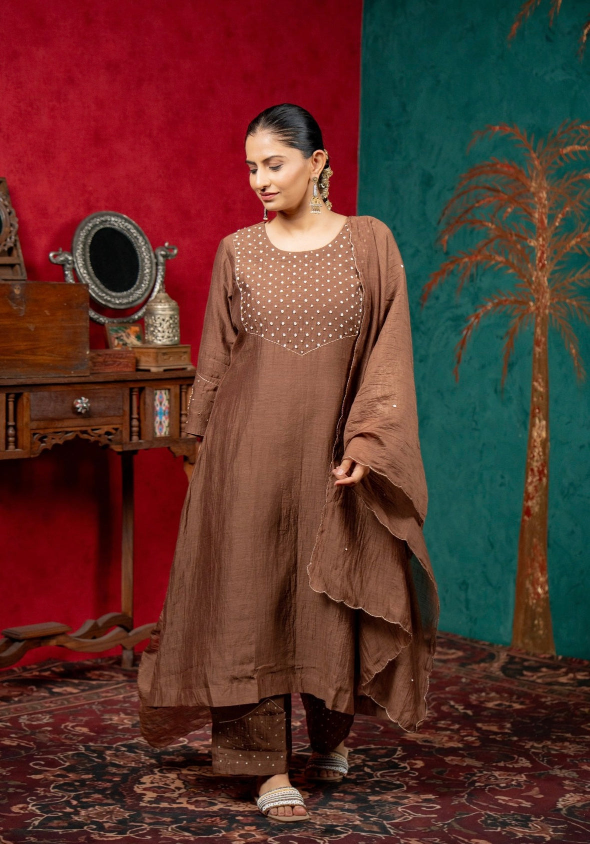 Elegant Cocoa Brown Mul Chanderi Suit Set with Pearl Detailing