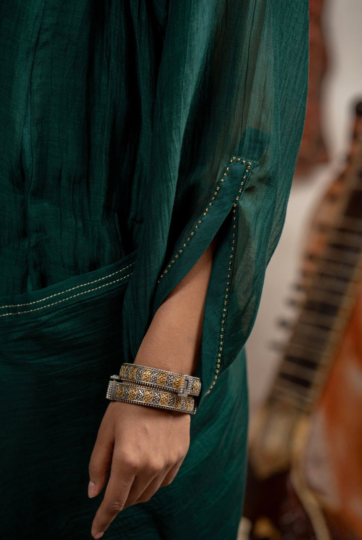 Emerald Green Mul Chanderi Suit Set with Minimal Hand Detailing