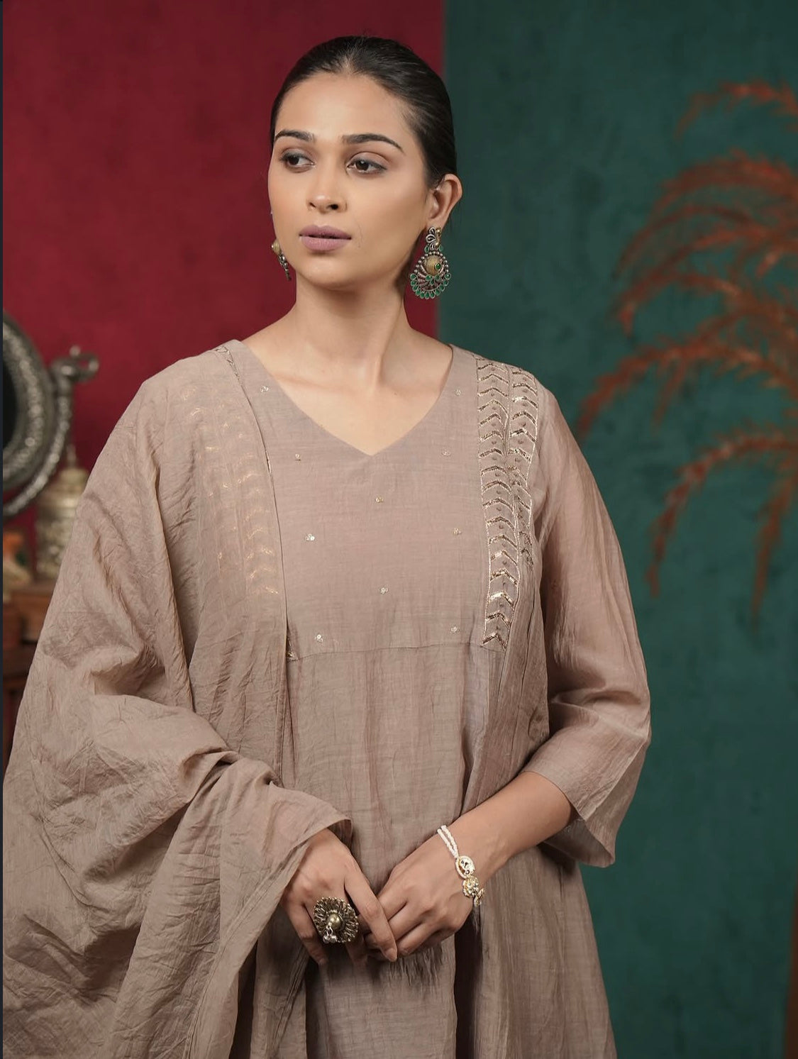 Taupe Mul Chanderi Suit Set with Minimal Hand Detailing