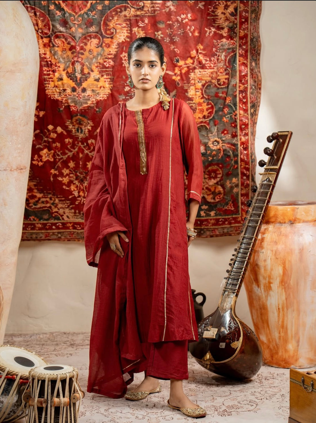 Deep Maroon Mul Chanderi Suit Set with Minimal Gold Detailing