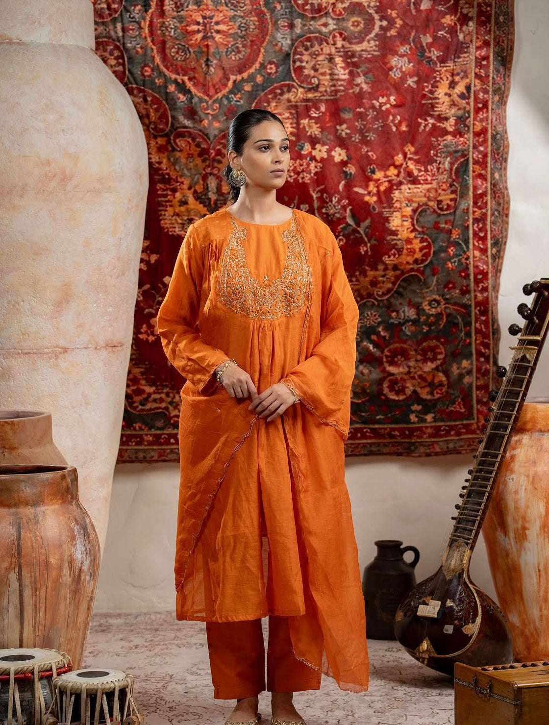 Burnt Orange Mul Chanderi Suit Set with Intricate Hand Embroidery