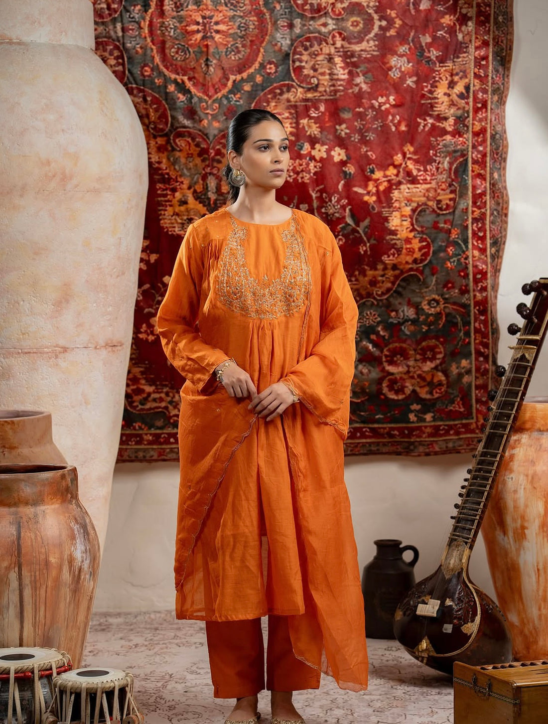 Burnt Orange Mul Chanderi Suit Set with Intricate Hand Embroidery