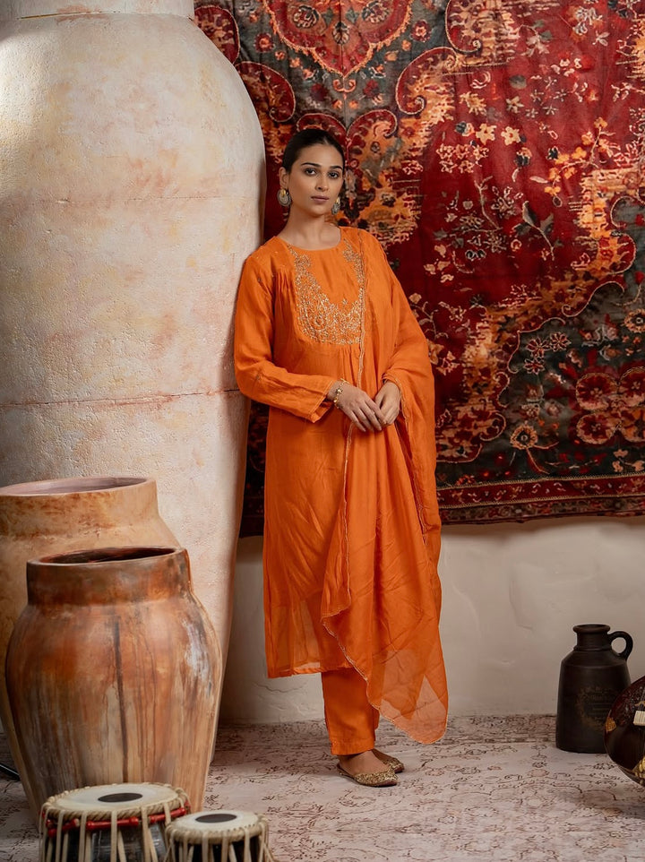 Burnt Orange Mul Chanderi Suit Set with Intricate Hand Embroidery