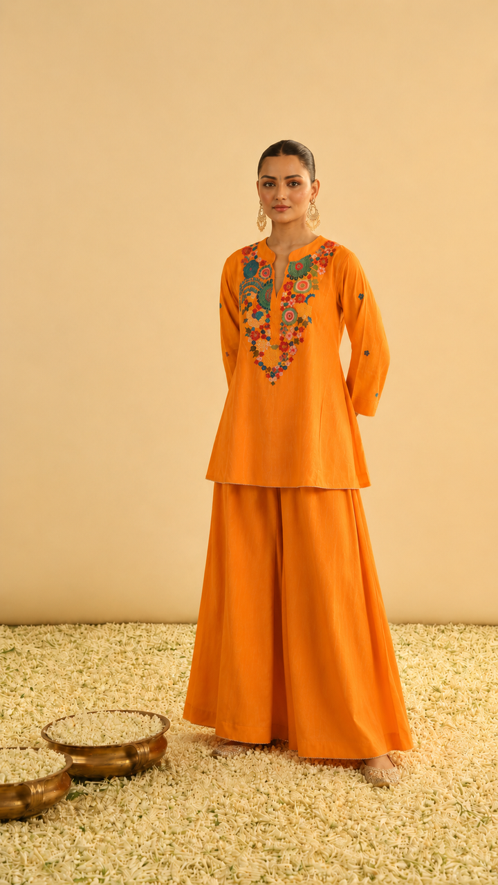 Orange Mul Chanderi Embroidered