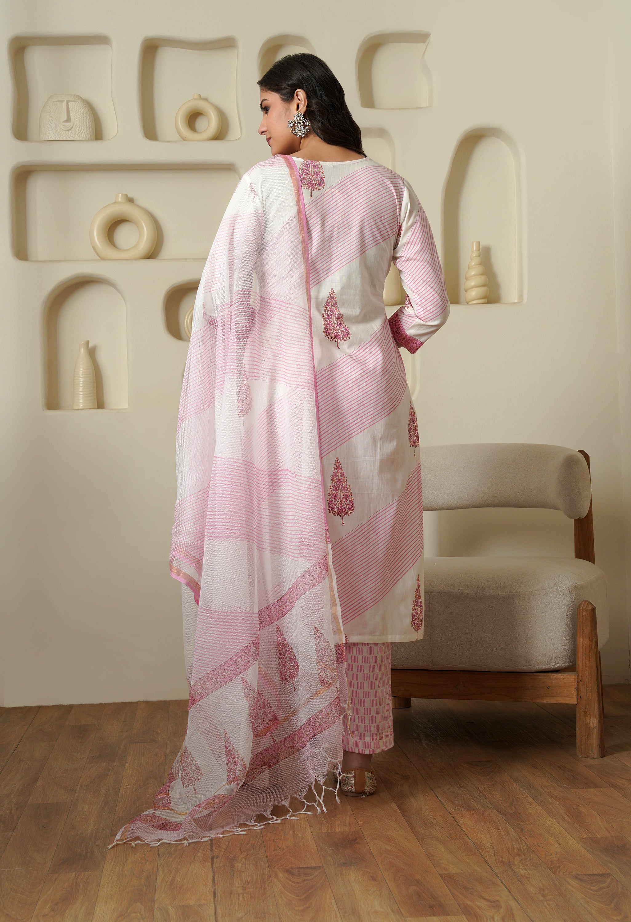 Soft Pink Cotton Suit Set with Kota Doria Dupatta