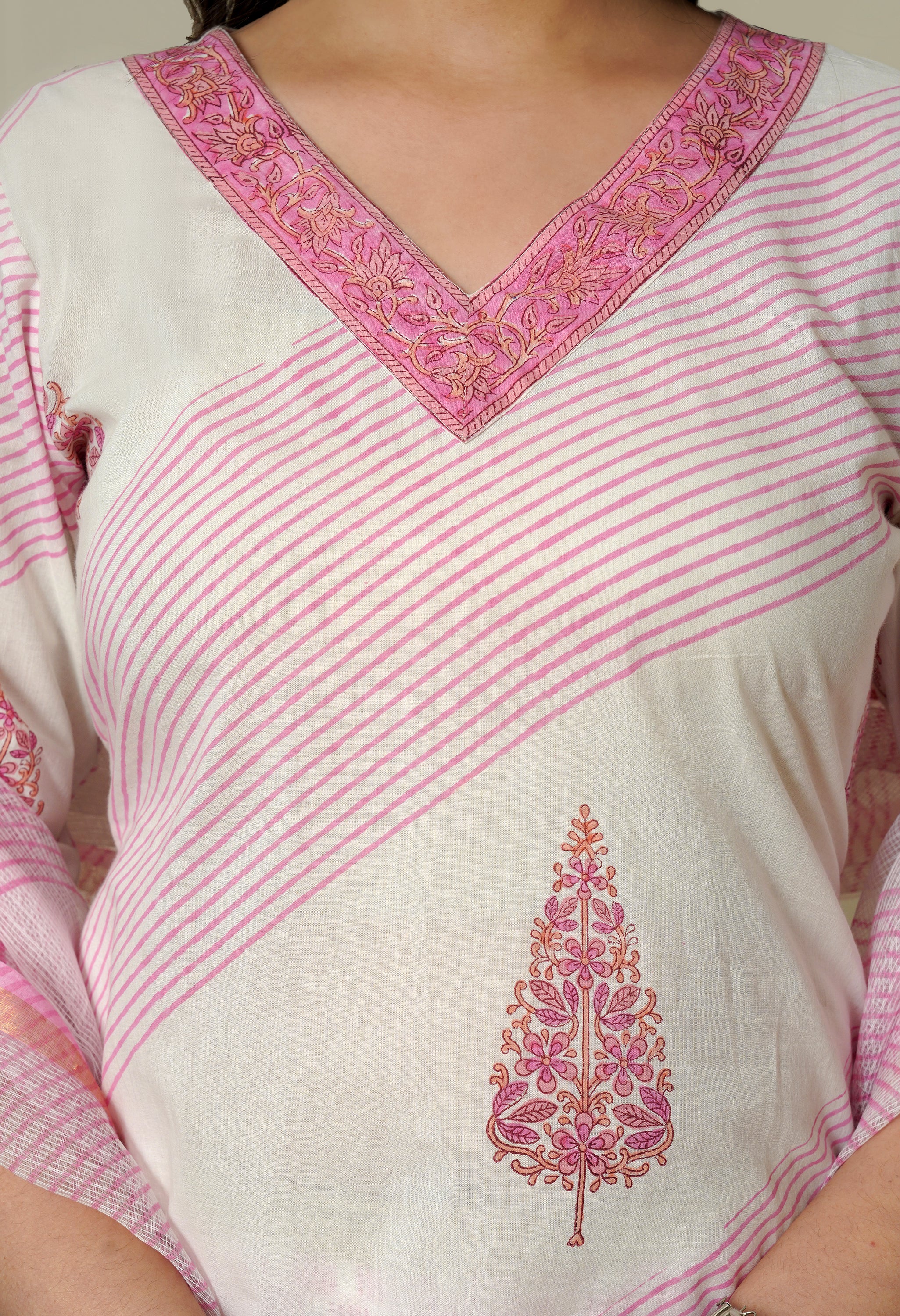 Soft Pink Cotton Suit Set with Kota Doria Dupatta