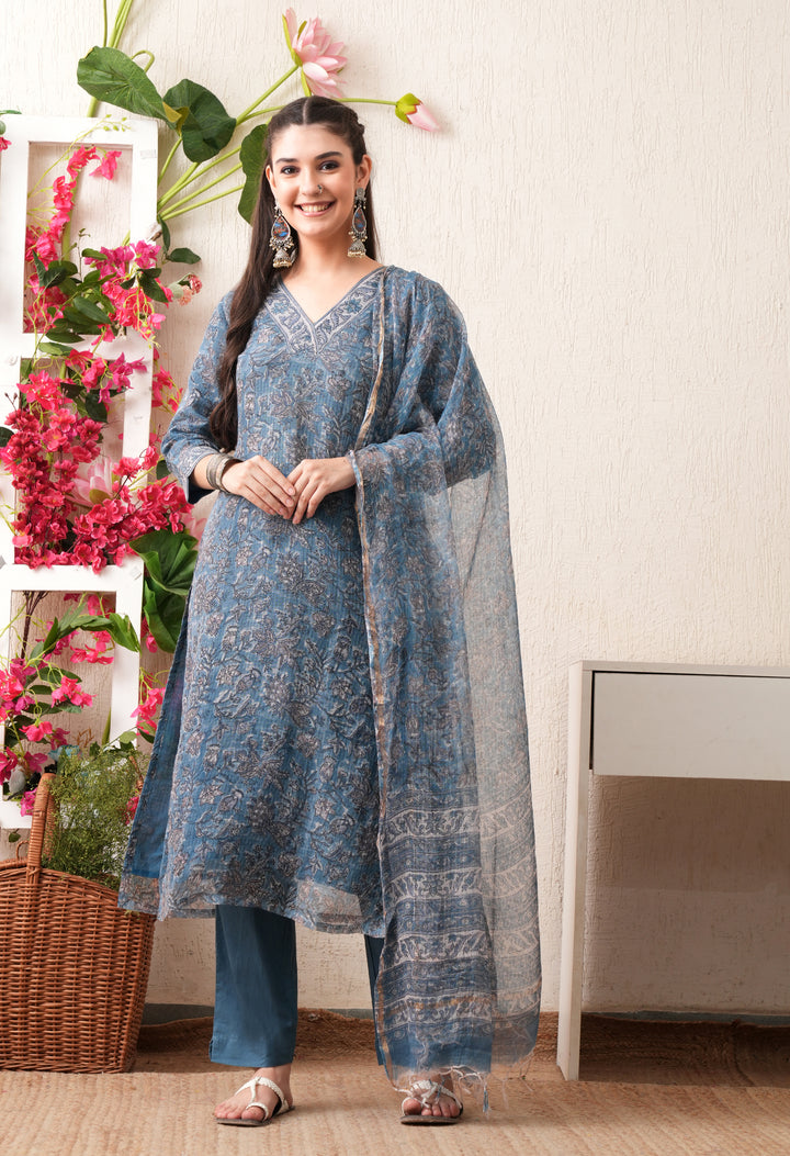 Noor Hand Block Print Kota Doria Suit Set