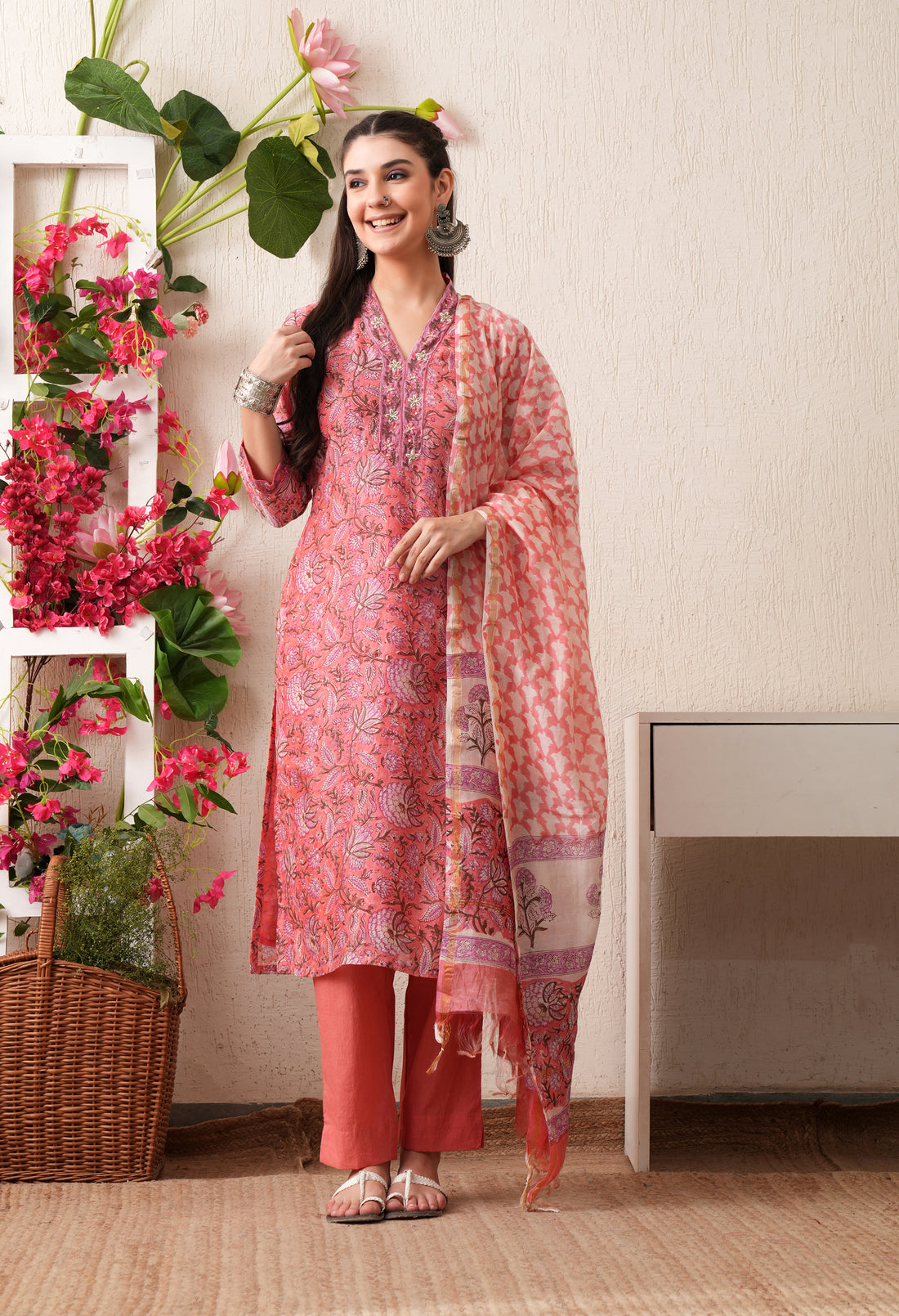 Sehera Hand Block Print Cotton Suit Set with Kota Doria Dupatta