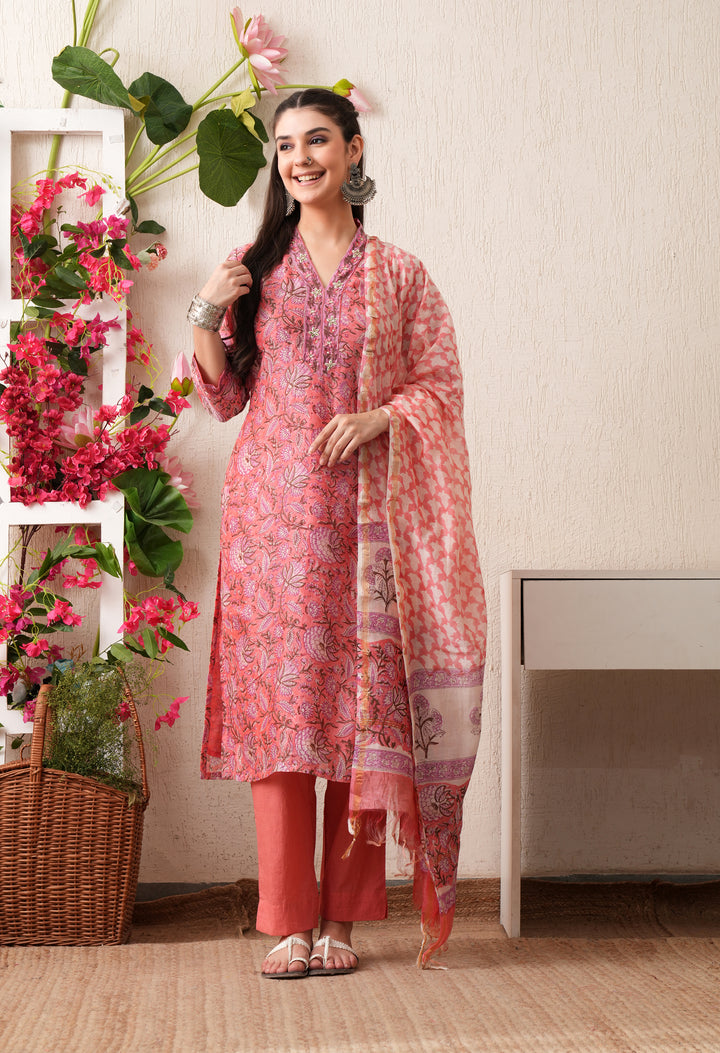 Sehera Hand Block Print Cotton Suit Set with Kota Doria Dupatta