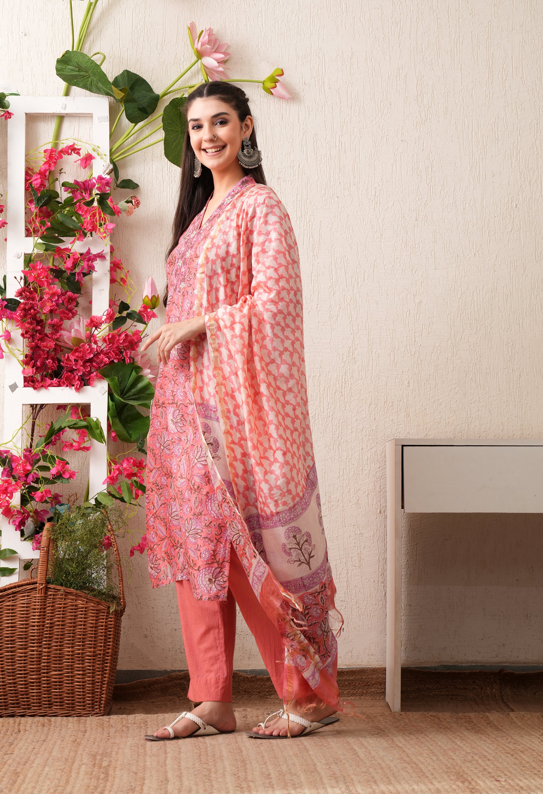 Sehera Hand Block Print Cotton Suit Set with Kota Doria Dupatta
