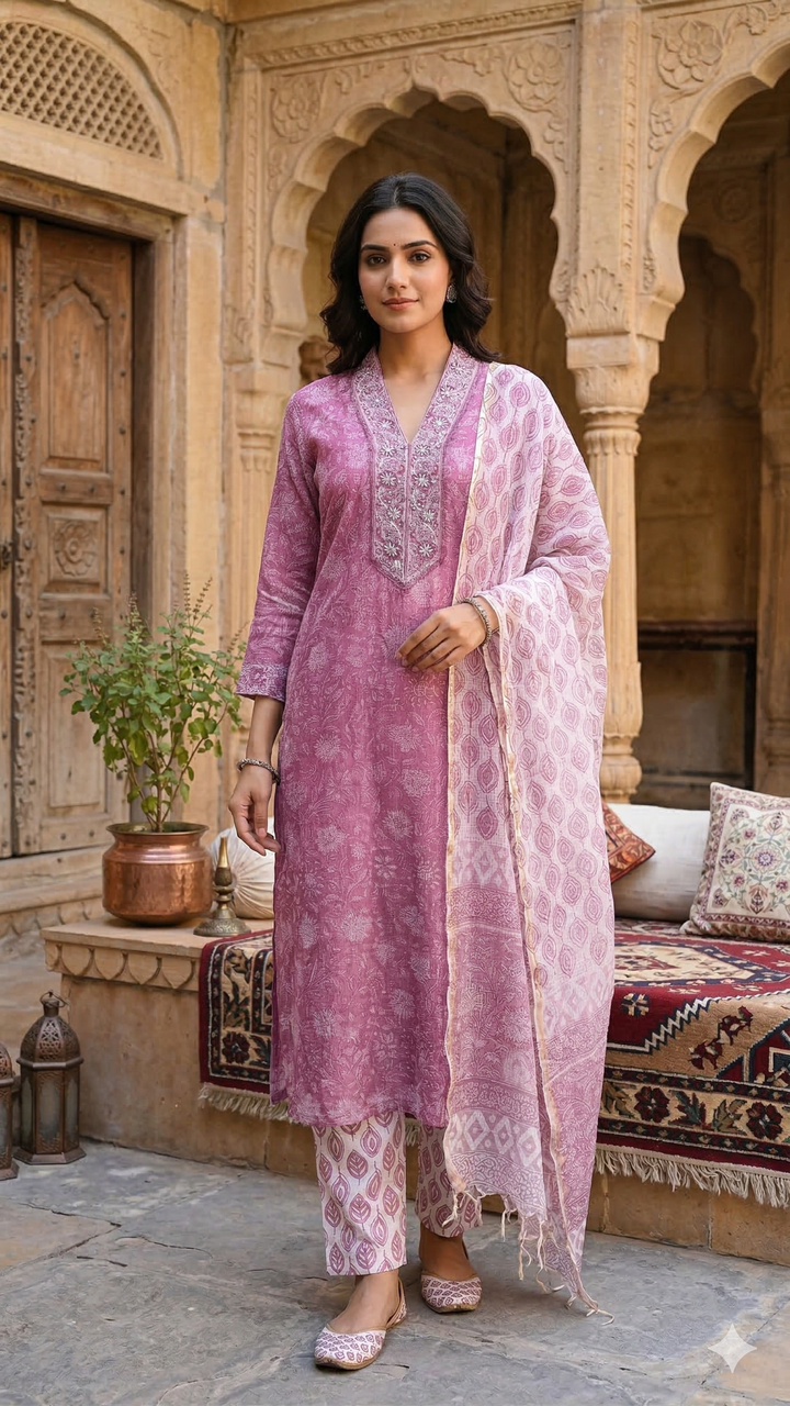 Naaz Hand Block Print Kota Doria Suit Set