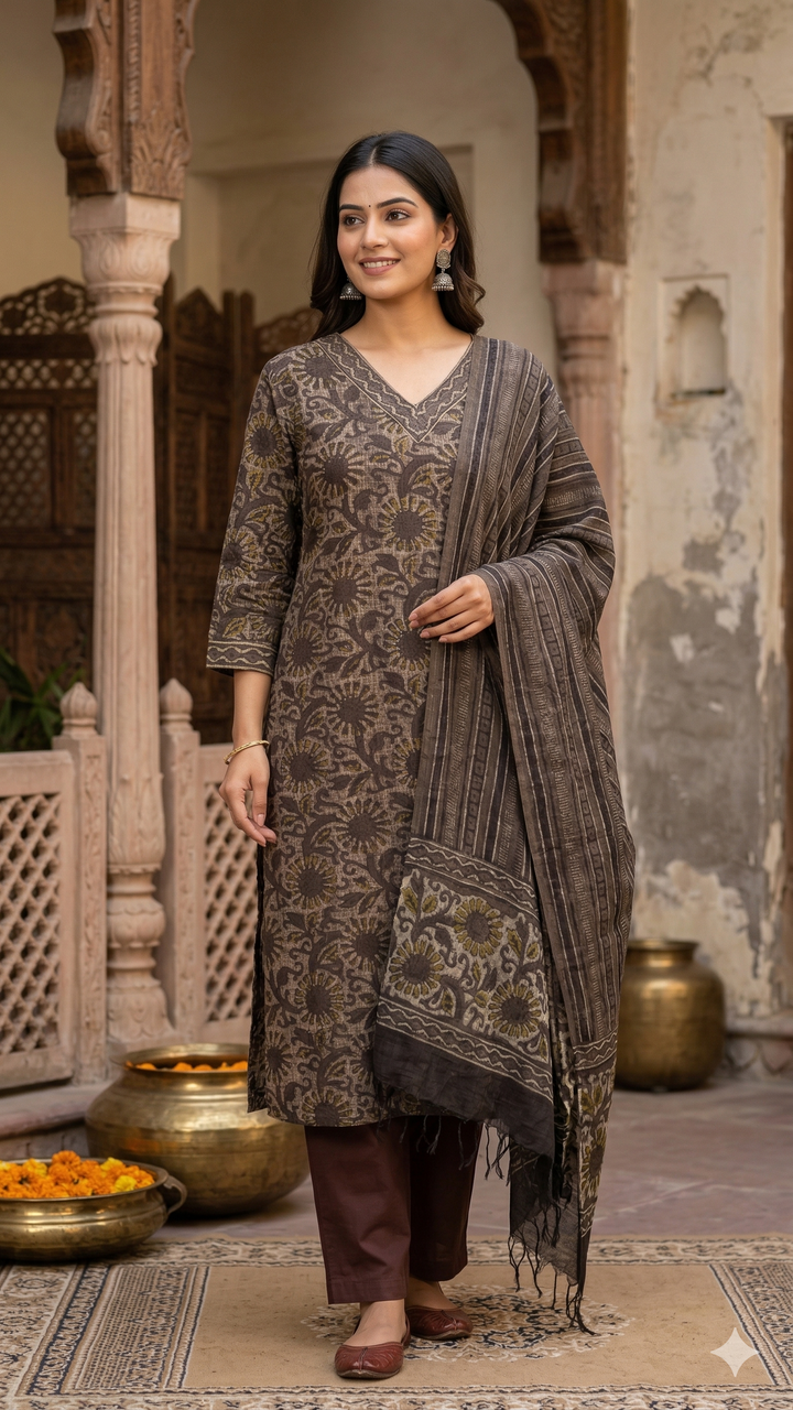 Noor Hand Block Print Kota Doria Suit Set