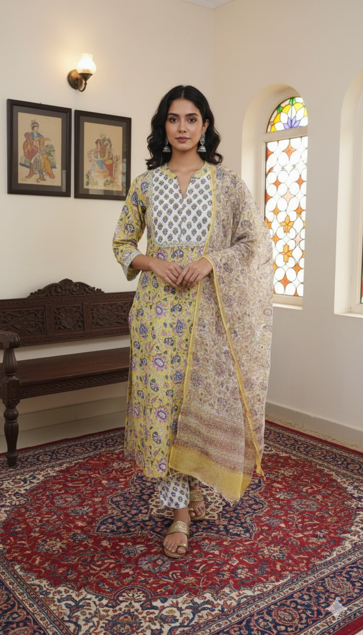 Gulzar Hand Block Print Cotton Suit Set with Kota Doria Dupatta