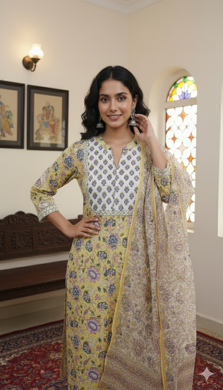 Gulzar Hand Block Print Cotton Suit Set with Kota Doria Dupatta