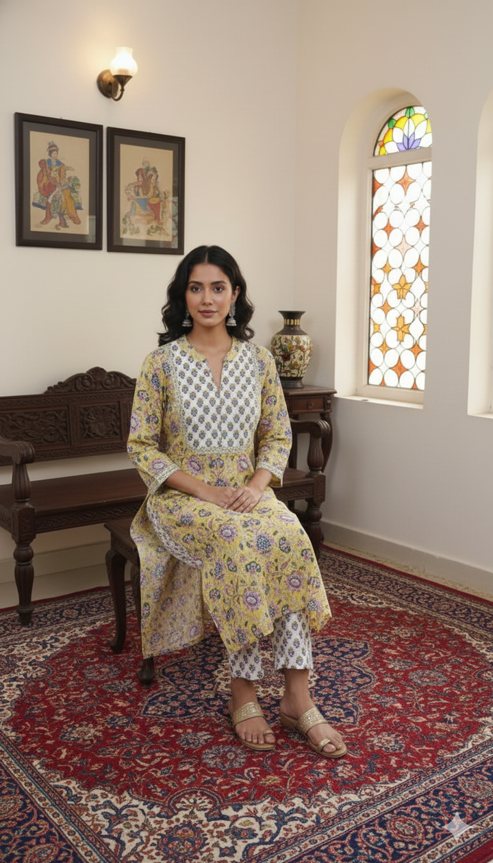 Gulzar Hand Block Print Cotton Suit Set with Kota Doria Dupatta