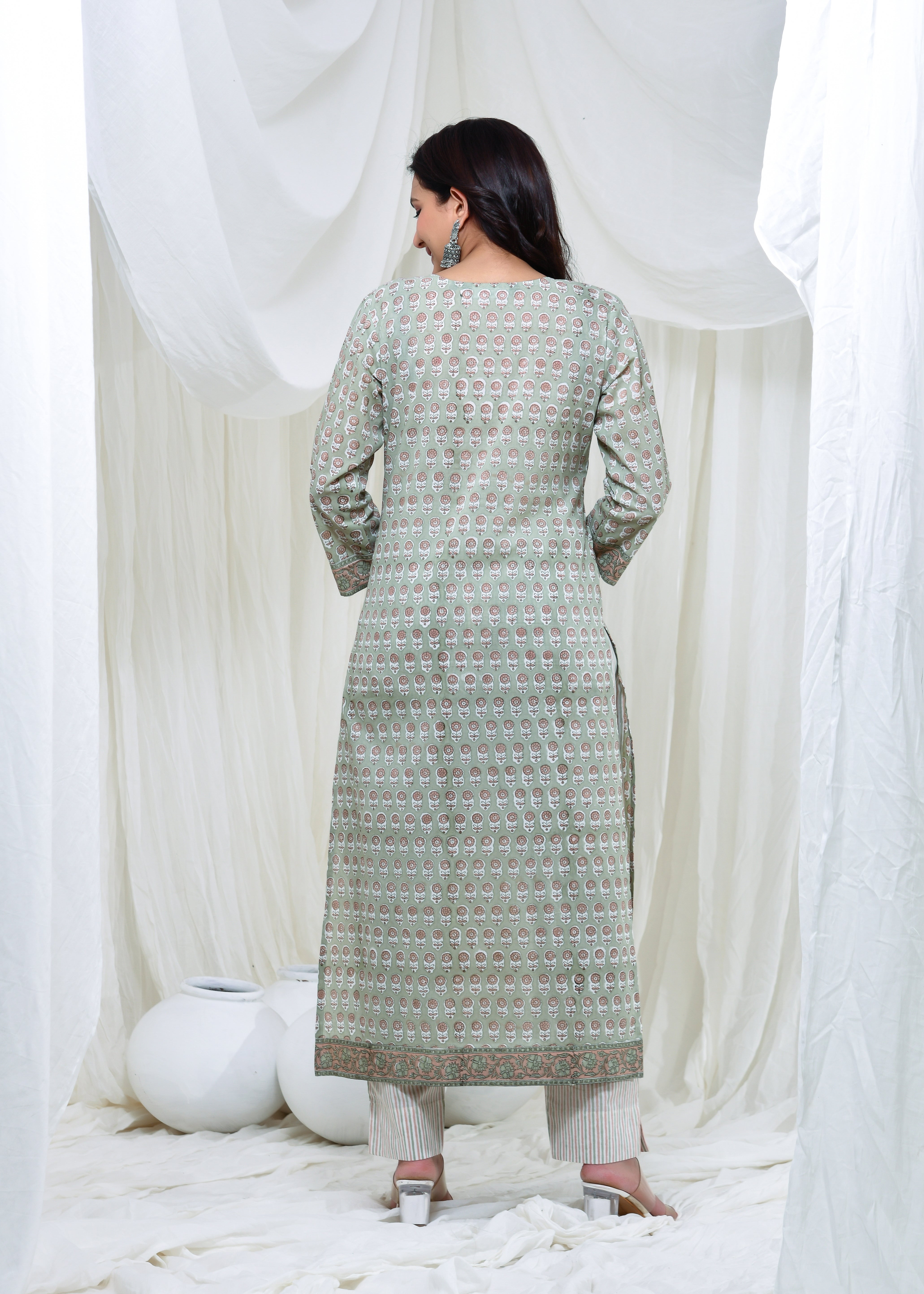 Pastel Green Cotton Suit Set with Kota Doria Dupatta – Handworked Neck
