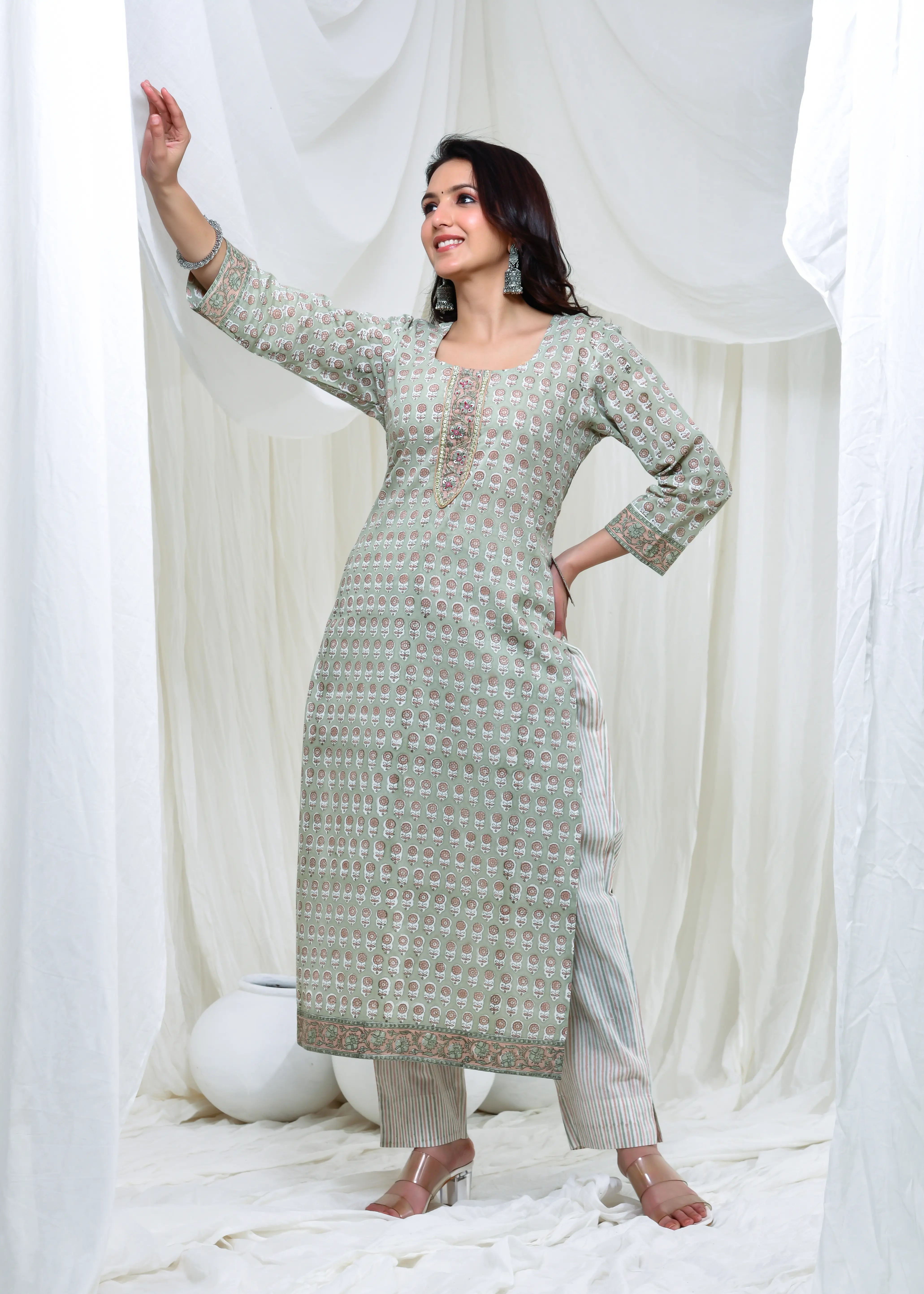 Pastel Green Cotton Suit Set with Kota Doria Dupatta – Handworked Neck
