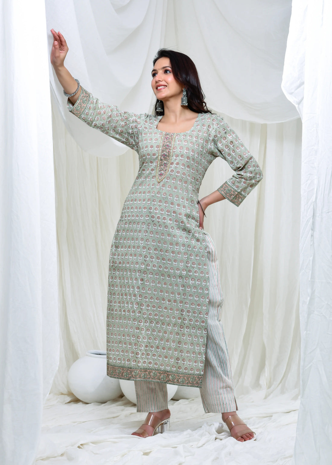 Pastel Green Cotton Suit Set with Kota Doria Dupatta – Handworked Neck