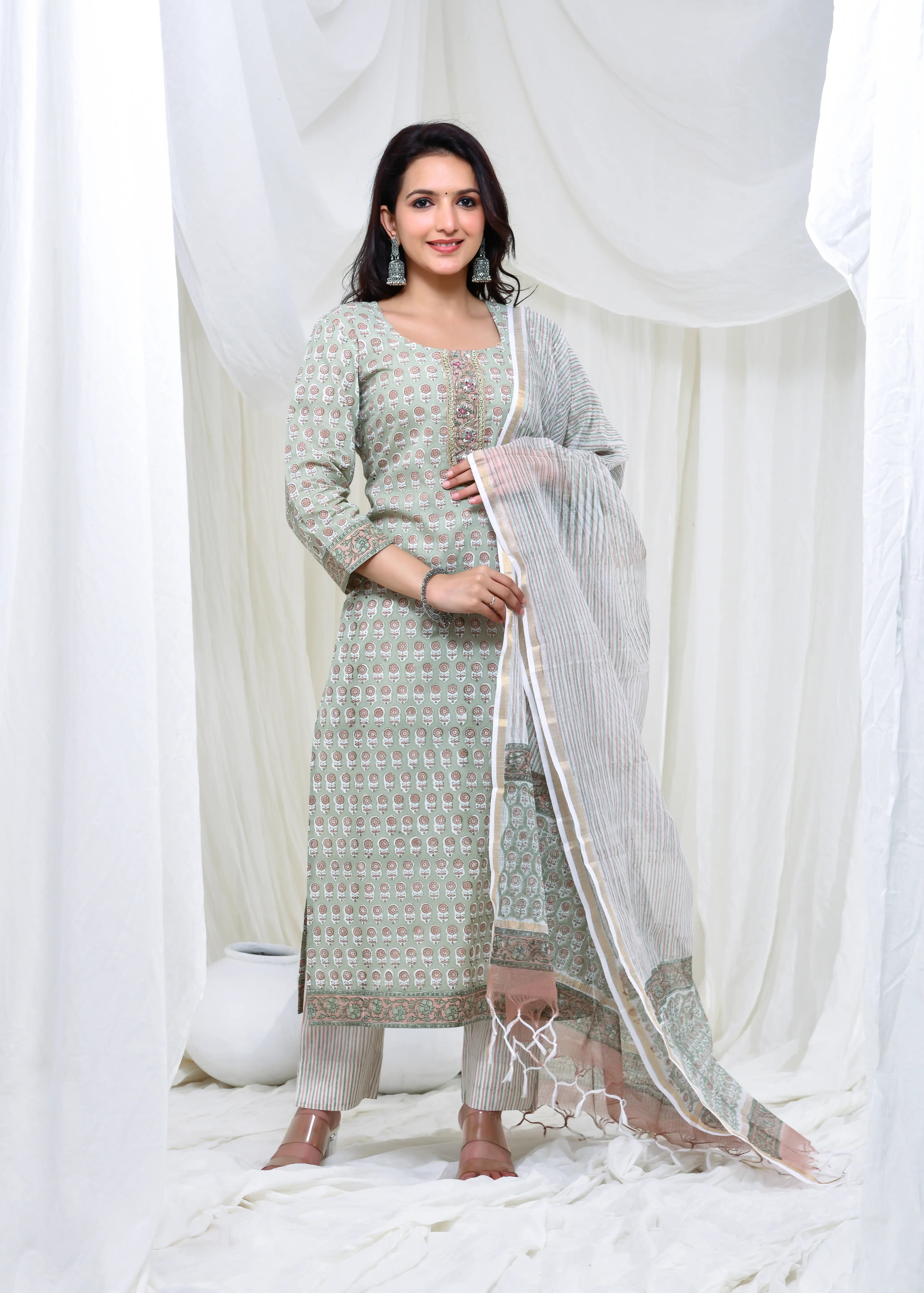 Pastel Green Cotton Suit Set with Kota Doria Dupatta – Handworked Neck