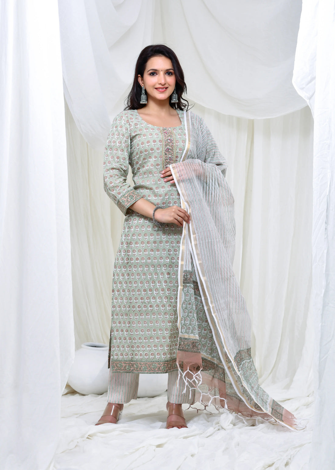 Pastel Green Cotton Suit Set with Kota Doria Dupatta – Handworked Neck