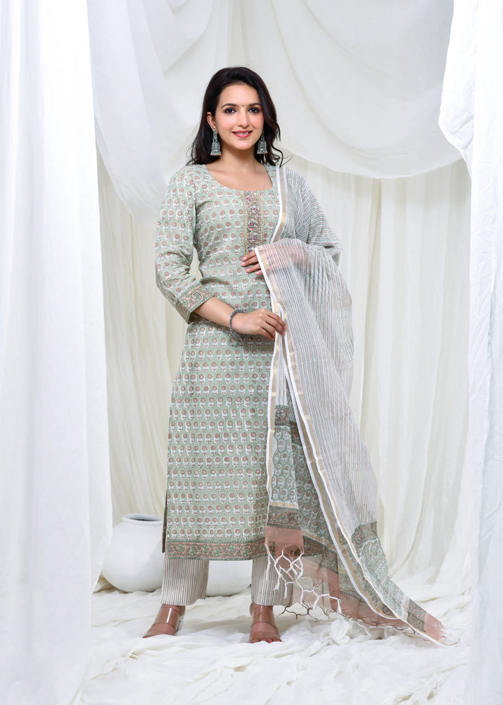 Pastel Green Cotton Suit Set with Kota Doria Dupatta – Handworked Neck