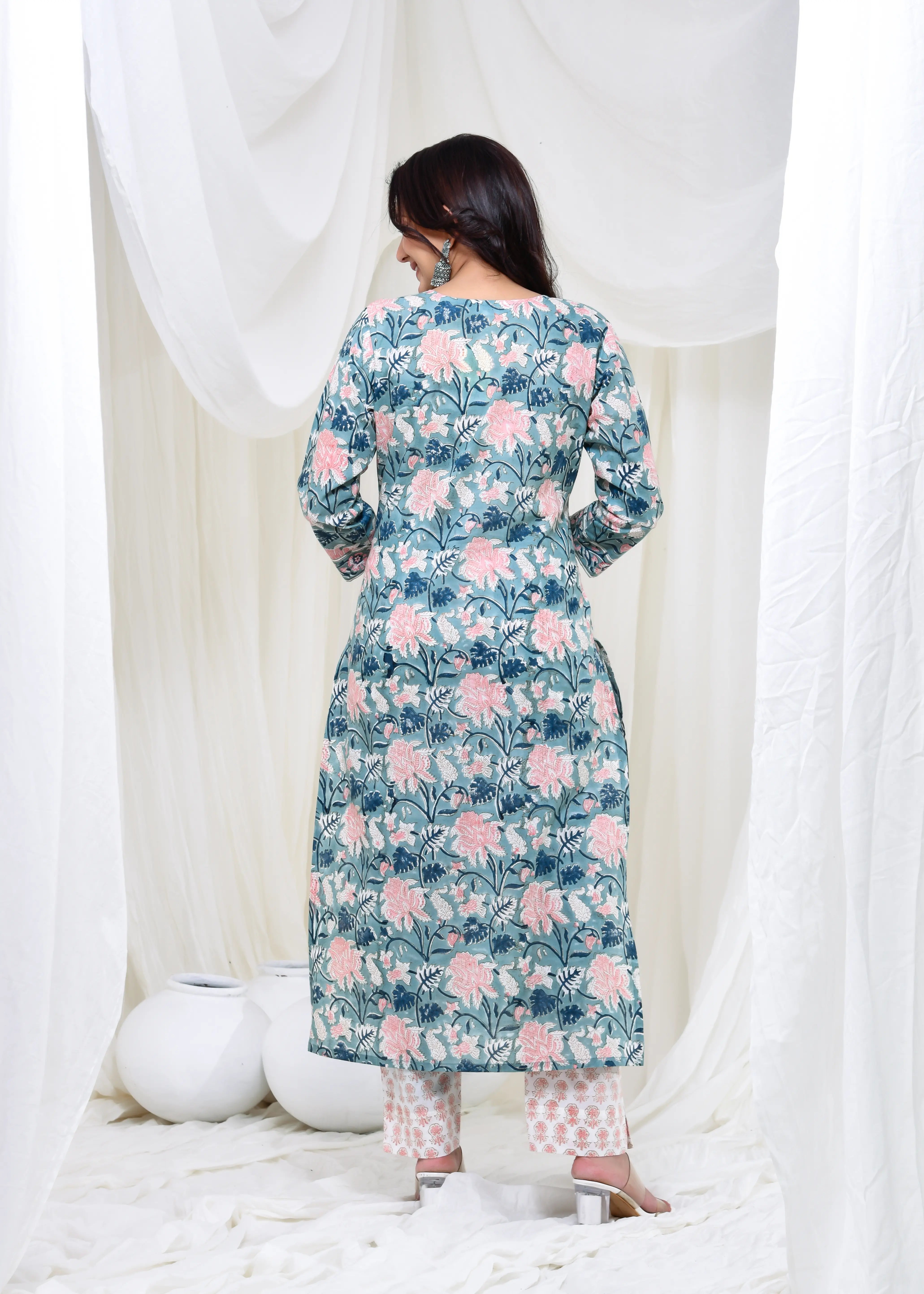 Teal Floral Cotton Suit Set with Kota Doria Dupatta