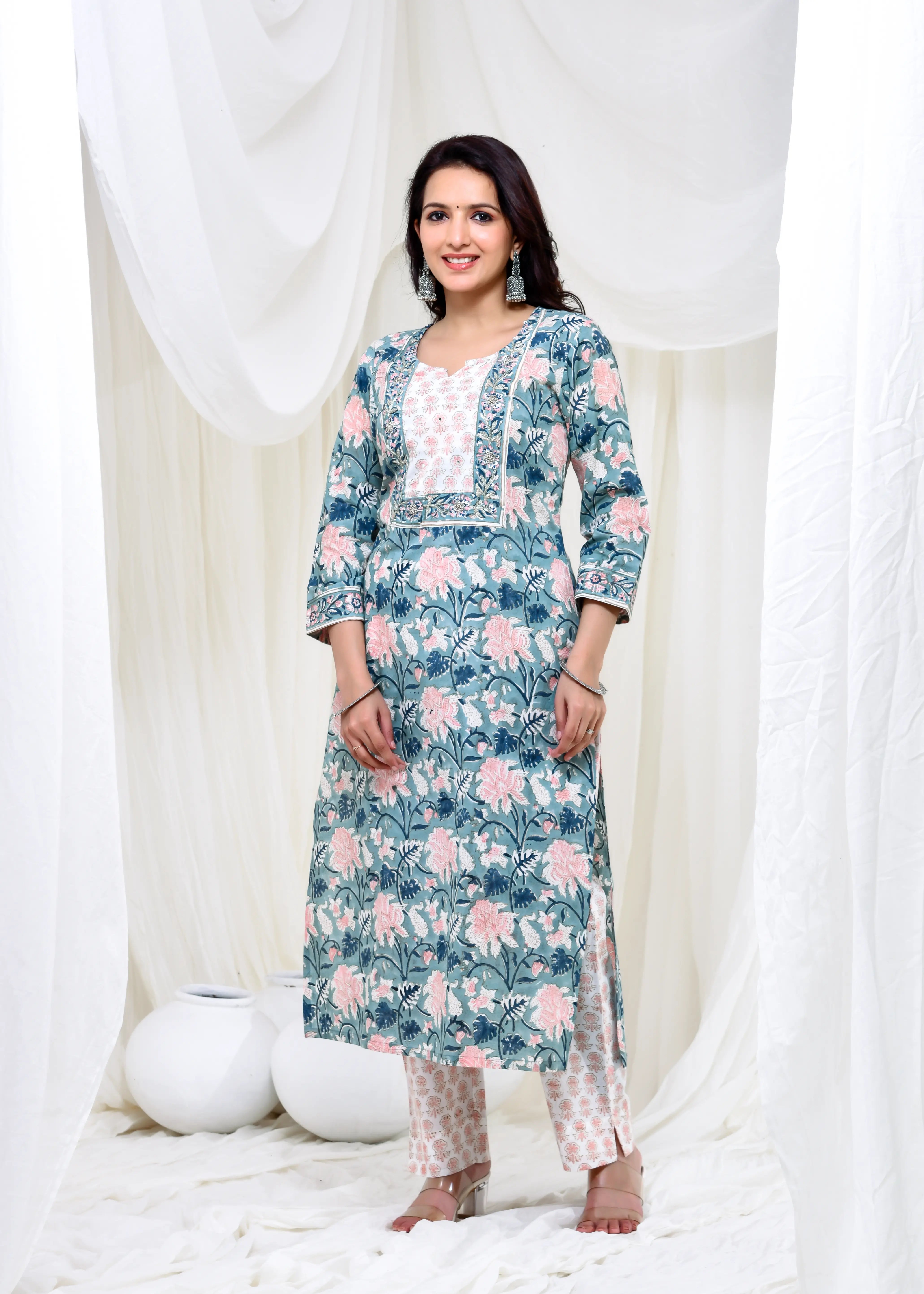 Teal Floral Cotton Suit Set with Kota Doria Dupatta