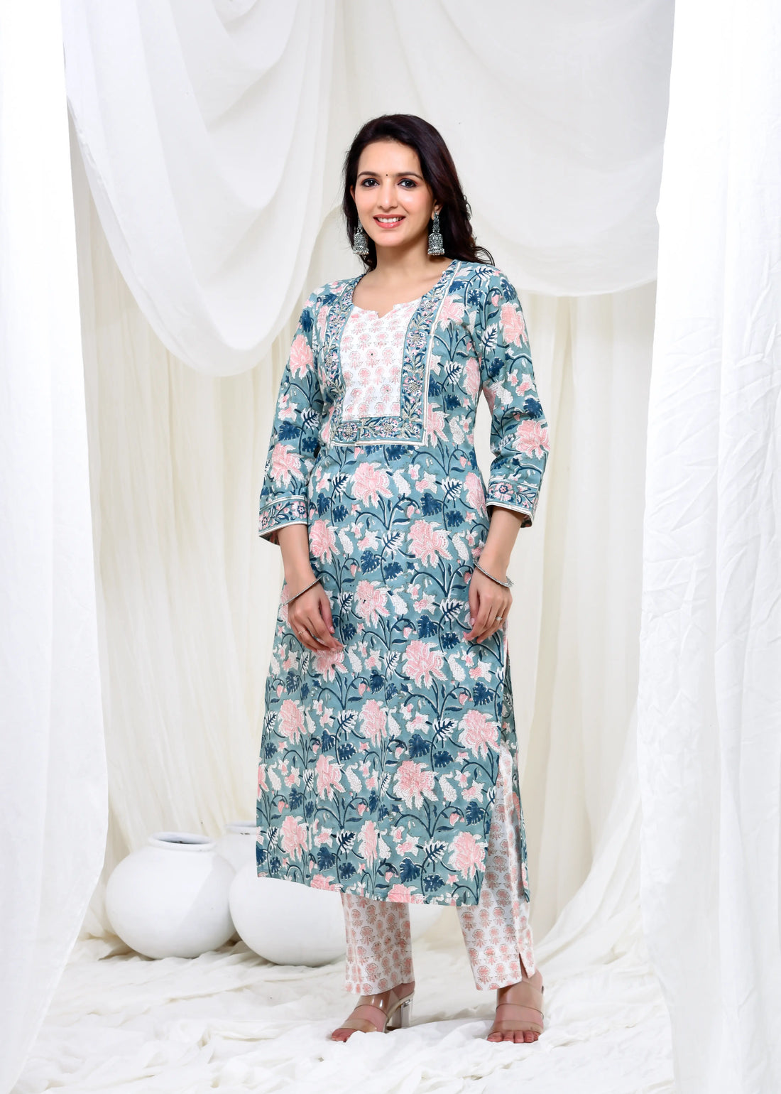 Teal Floral Cotton Suit Set with Kota Doria Dupatta
