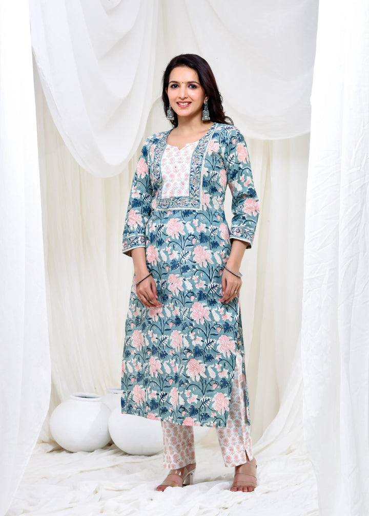 Teal Floral Cotton Suit Set with Kota Doria Dupatta