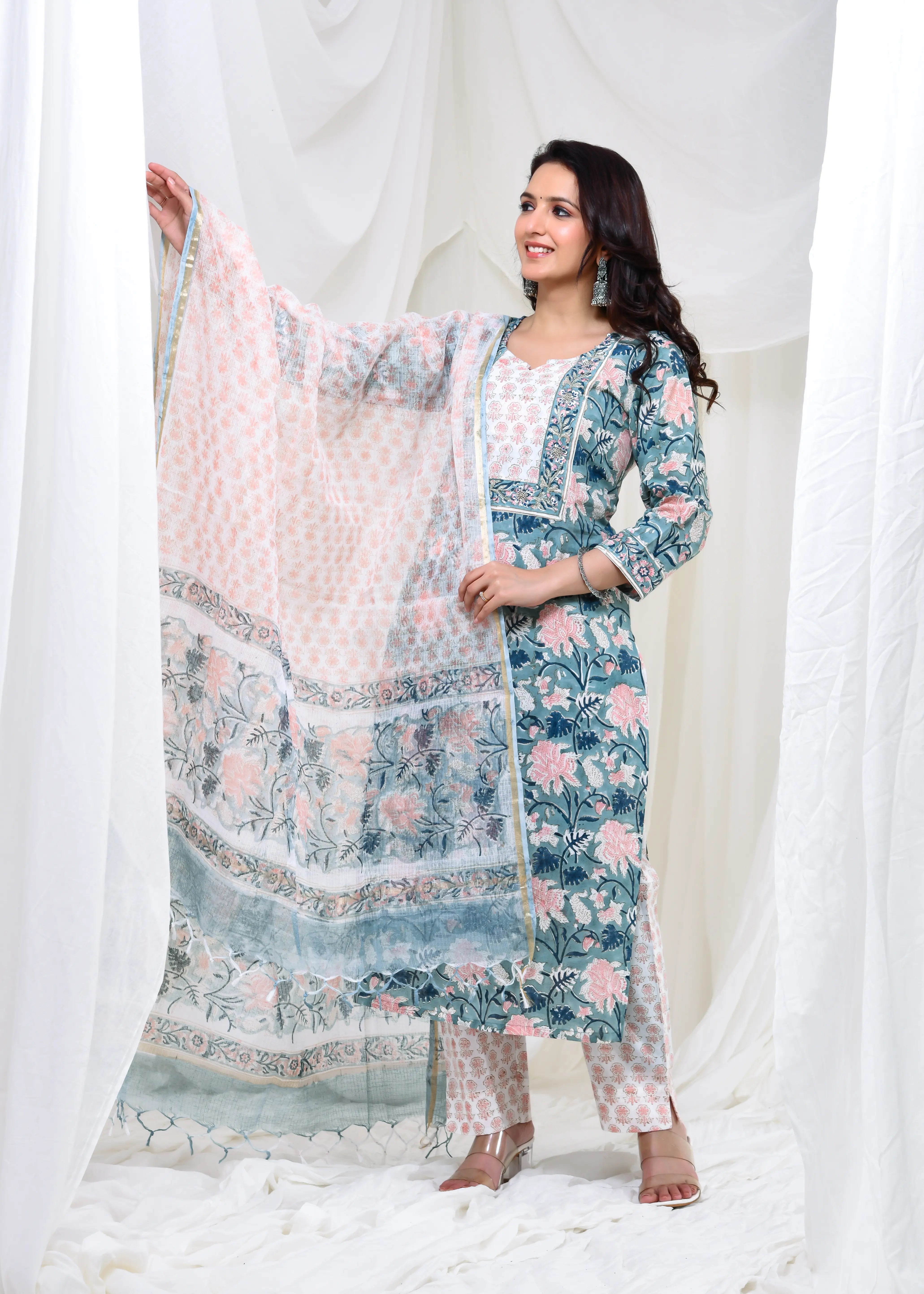 Teal Floral Cotton Suit Set with Kota Doria Dupatta