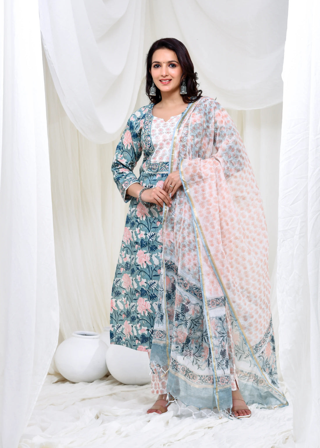Teal Floral Cotton Suit Set with Kota Doria Dupatta