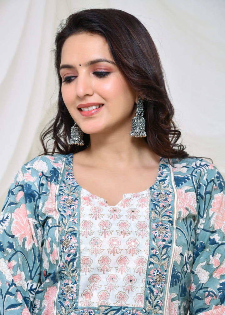 Teal Floral Cotton Suit Set with Kota Doria Dupatta