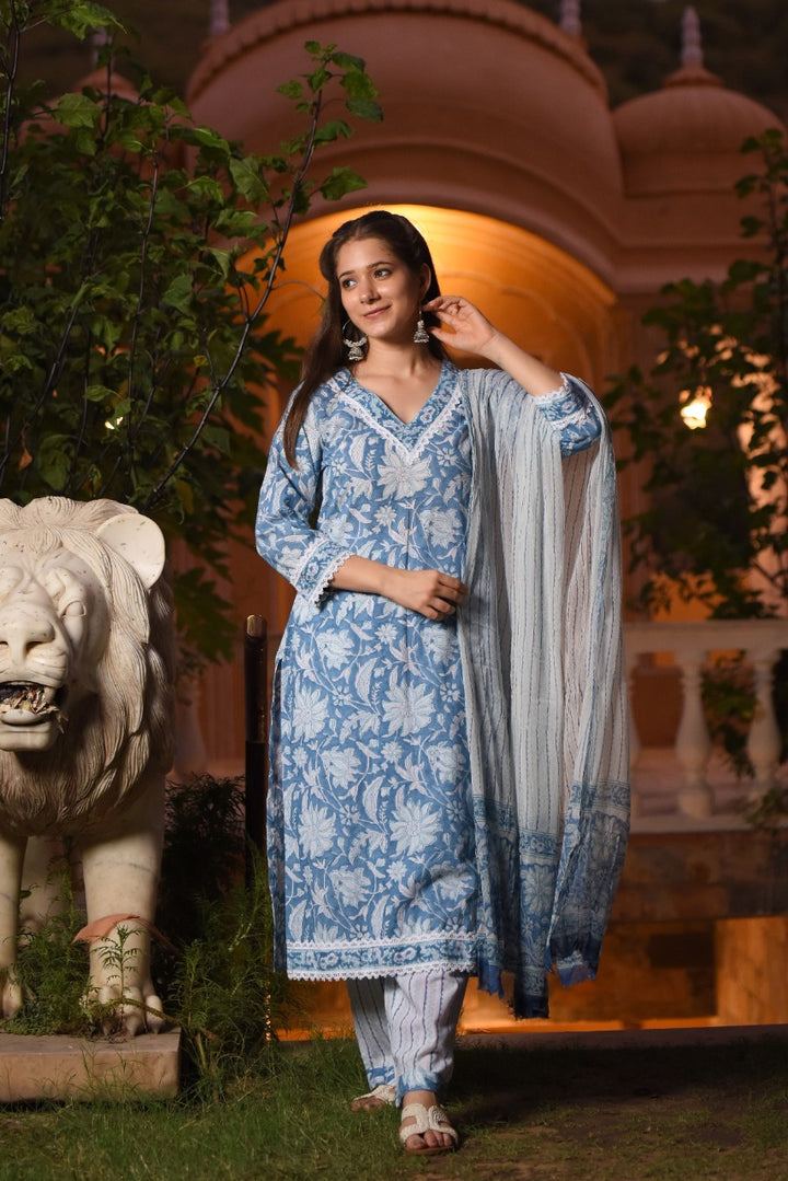 Classic Blue Cotton Suit Set with Kota Doria Dupatta