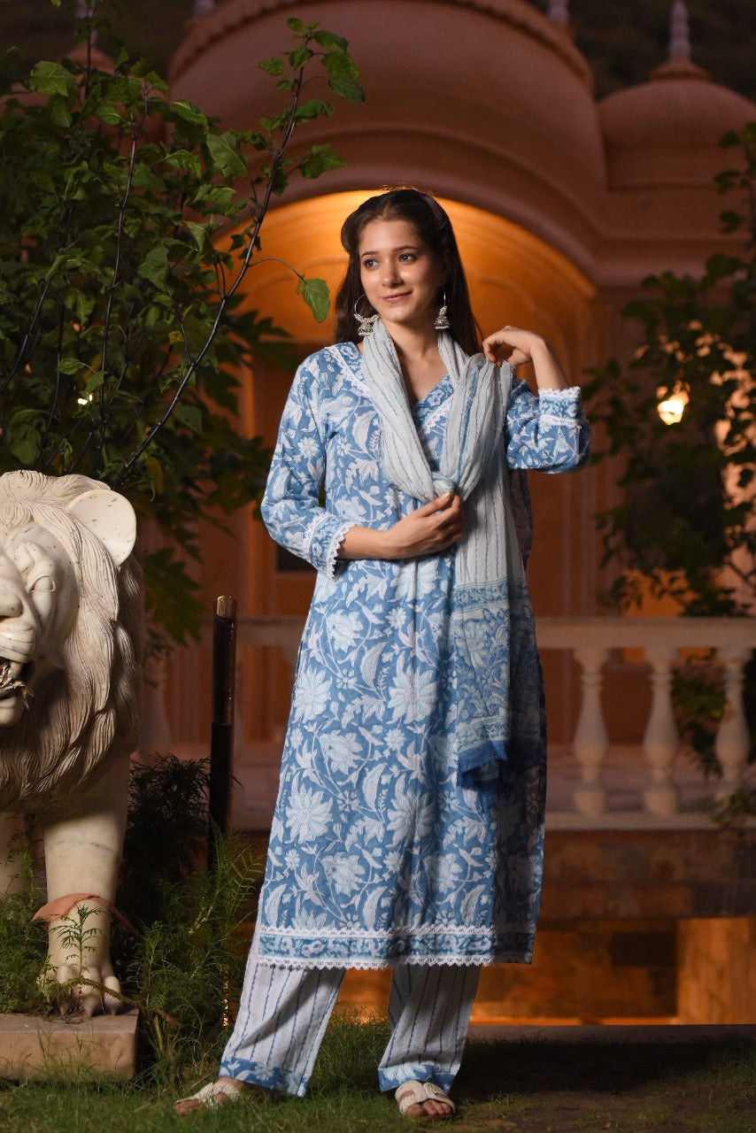 Classic Blue Cotton Suit Set with Kota Doria Dupatta