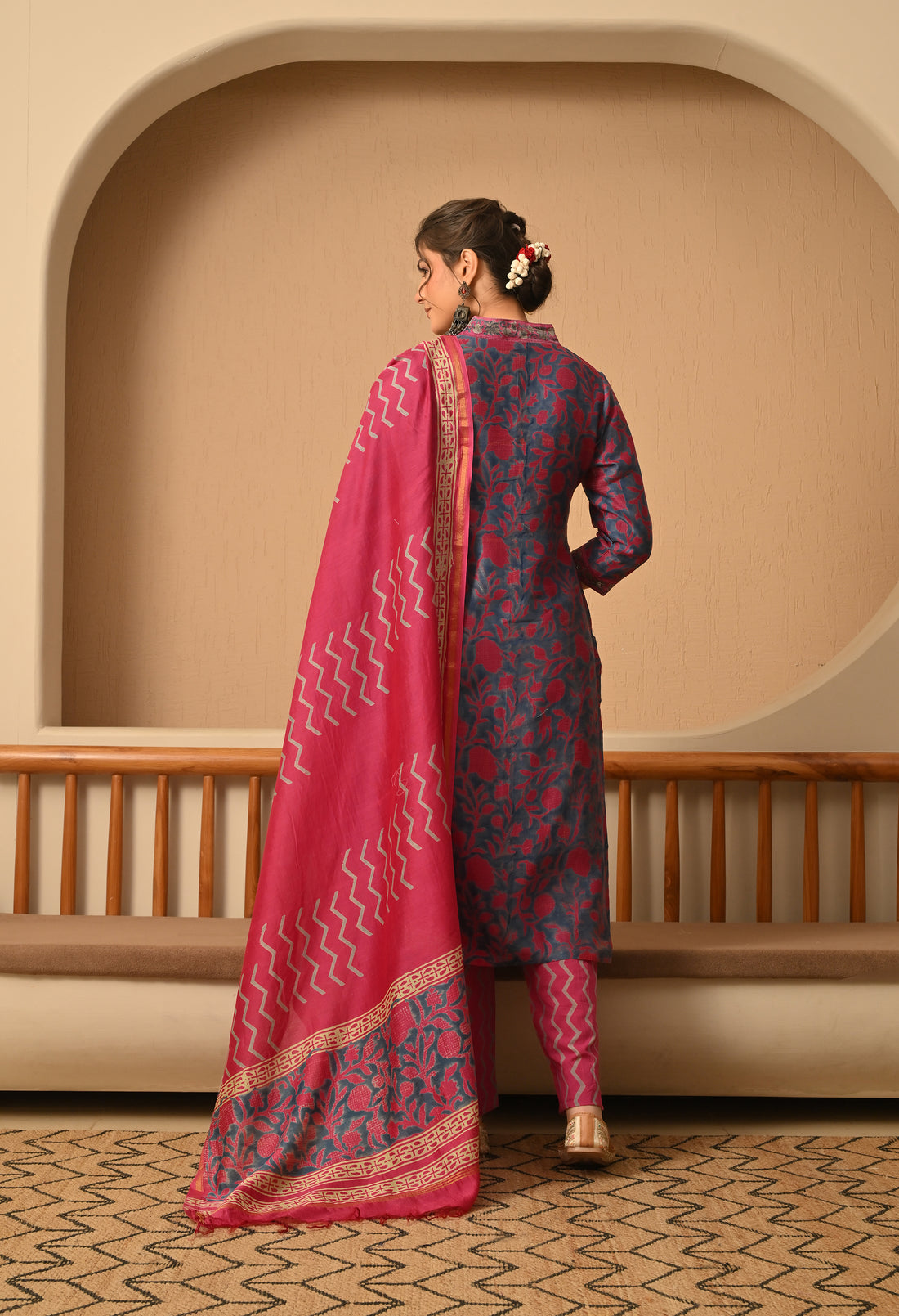 GULZAR HAND BLOCK PRINT CHANDERI SILK SUIT SET