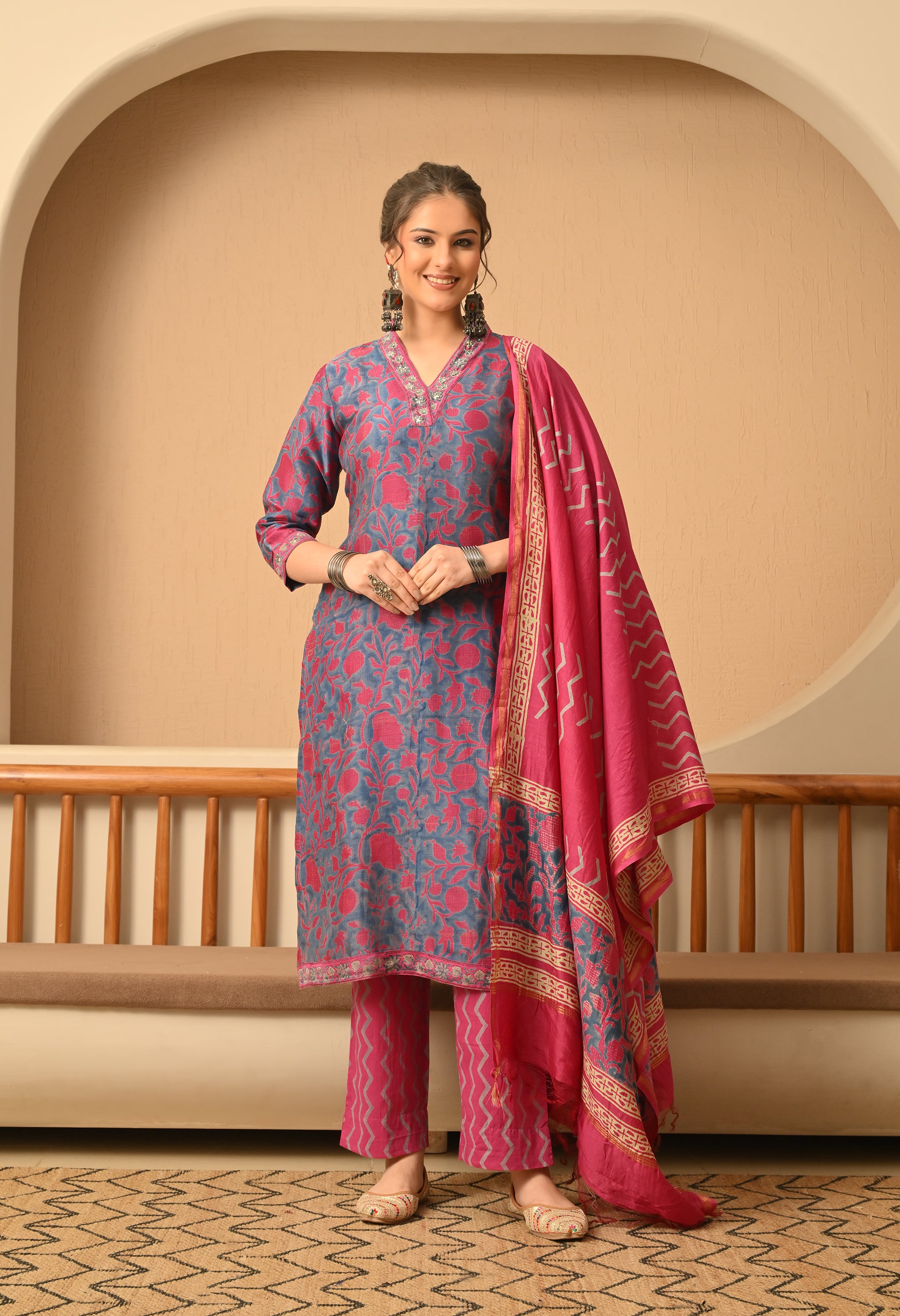GULZAR HAND BLOCK PRINT CHANDERI SILK SUIT SET