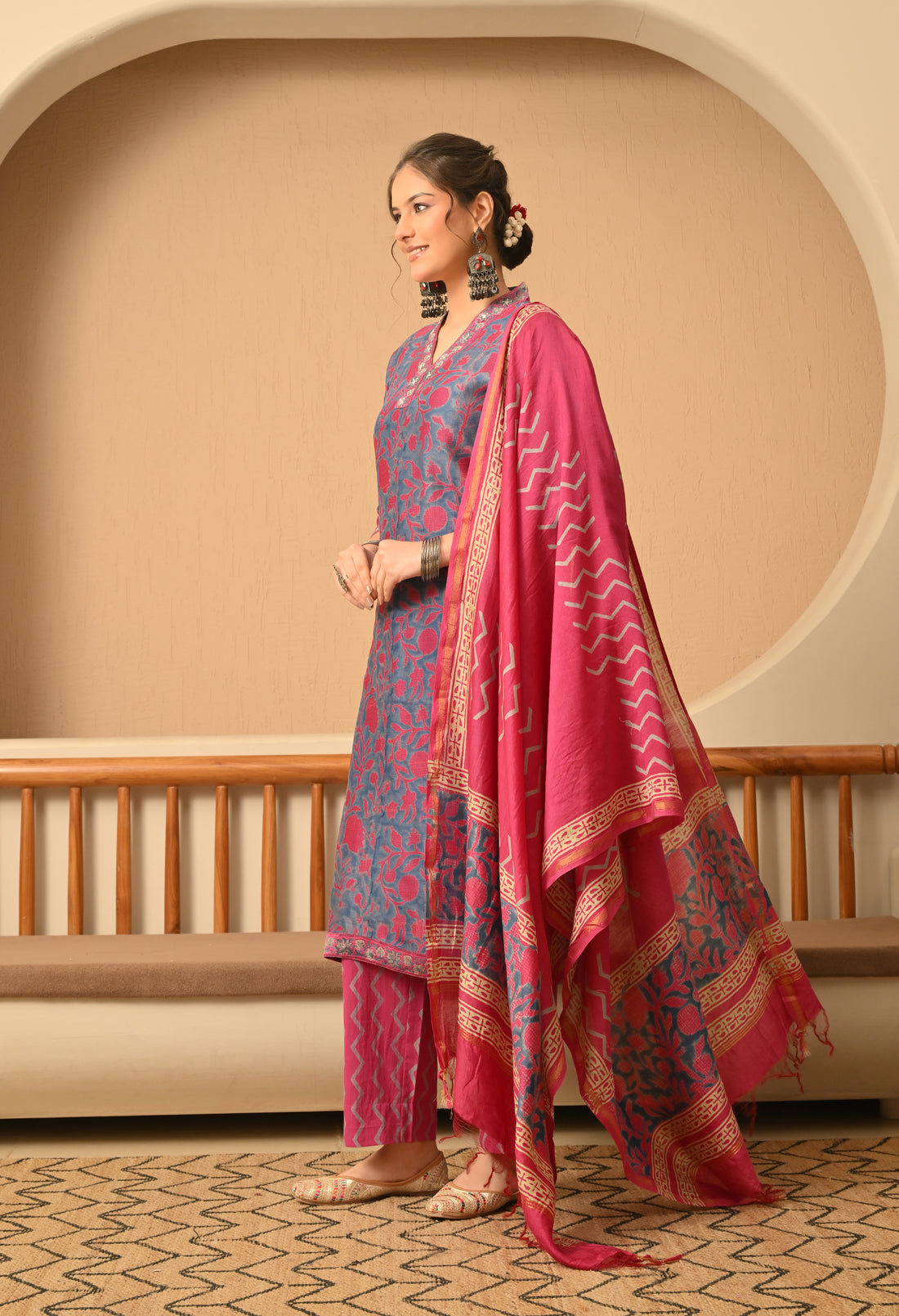 GULZAR HAND BLOCK PRINT CHANDERI SILK SUIT SET