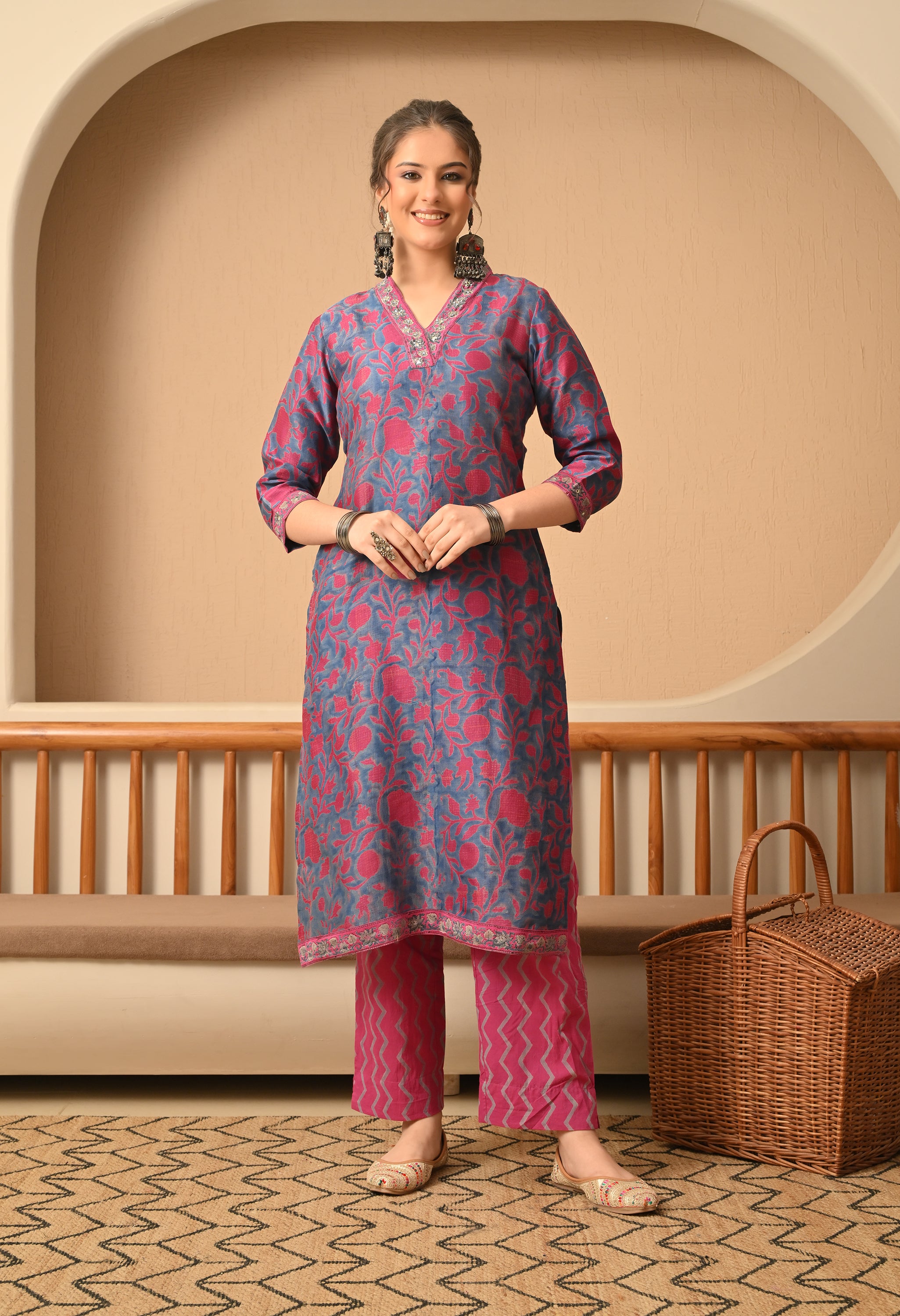 GULZAR HAND BLOCK PRINT CHANDERI SILK SUIT SET