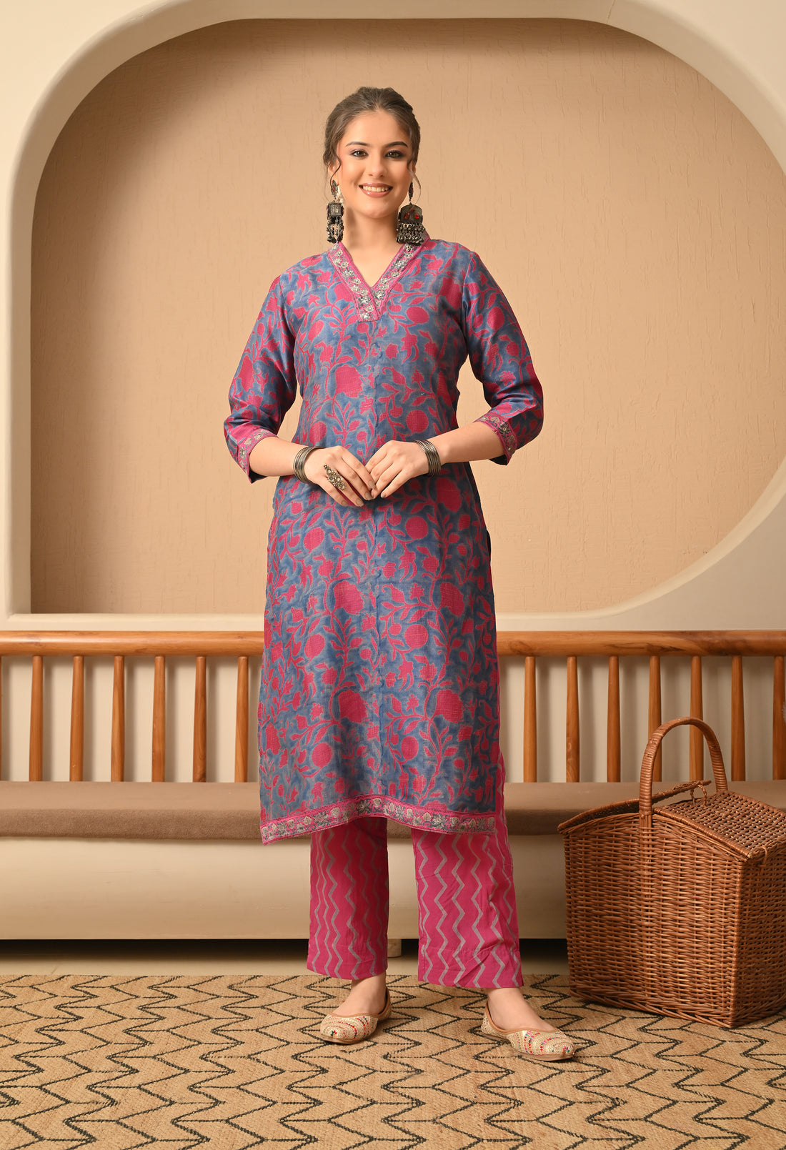 GULZAR HAND BLOCK PRINT CHANDERI SILK SUIT SET
