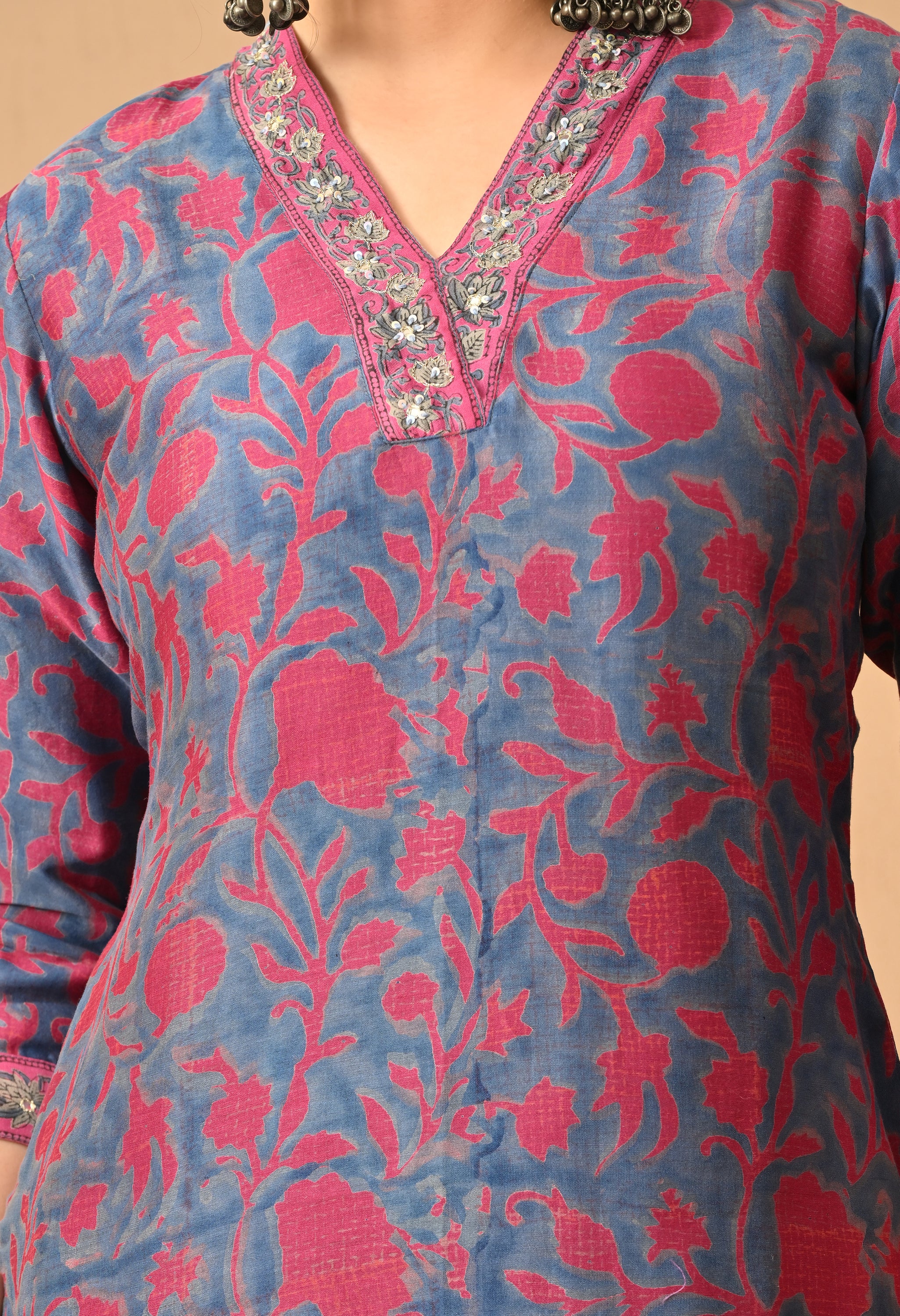 GULZAR HAND BLOCK PRINT CHANDERI SILK SUIT SET