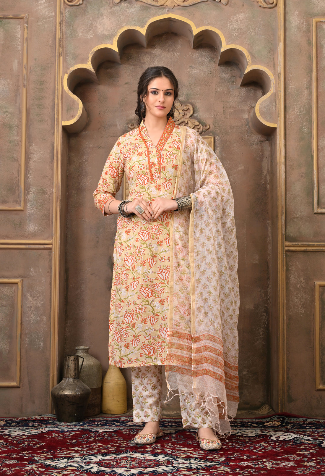 SEHERA HAND BLOCK PRINT COTTON SUIT SET WITH KOTA DORIA DUPATTA