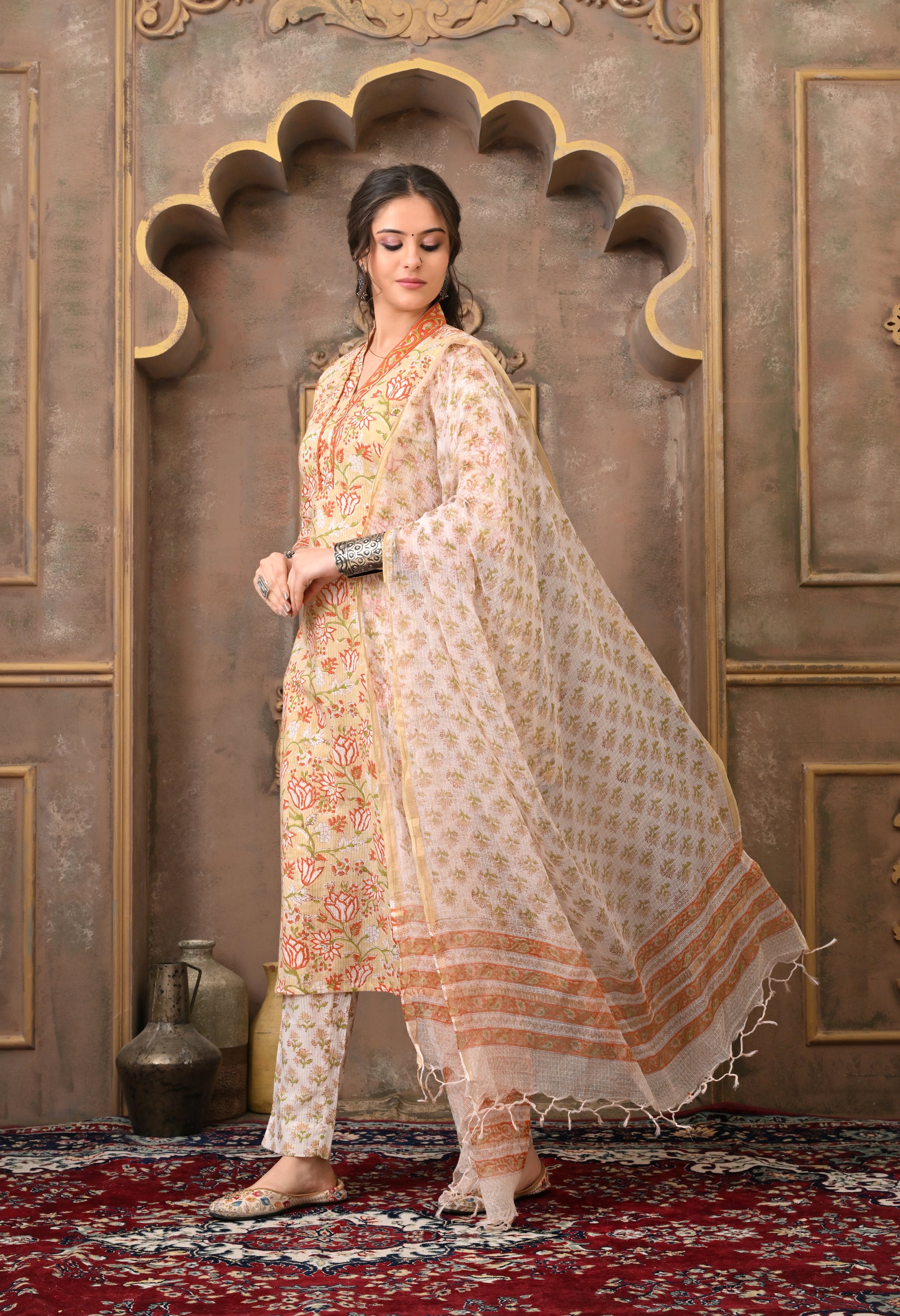 SEHERA HAND BLOCK PRINT COTTON SUIT SET WITH KOTA DORIA DUPATTA