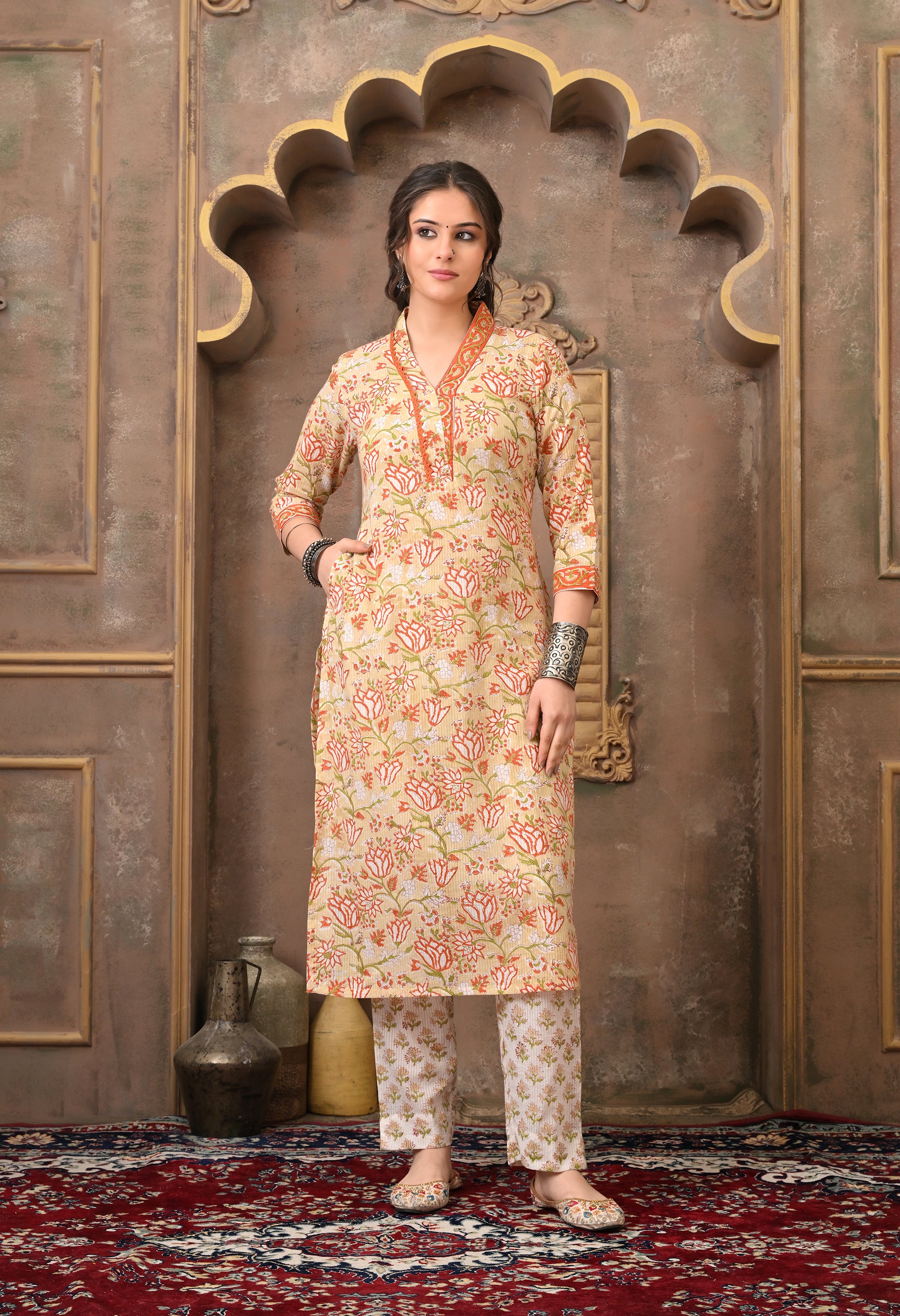SEHERA HAND BLOCK PRINT COTTON SUIT SET WITH KOTA DORIA DUPATTA