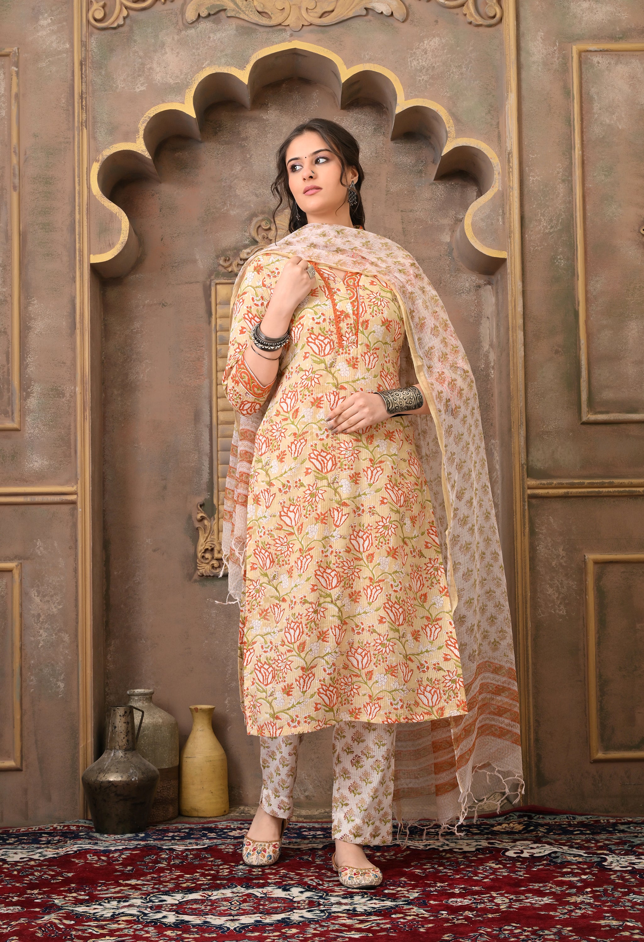 SEHERA HAND BLOCK PRINT COTTON SUIT SET WITH KOTA DORIA DUPATTA