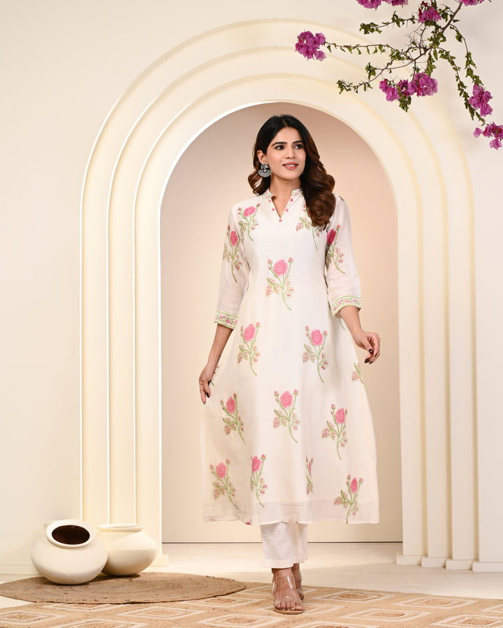 GULZAR HAND BLOCK PRINT CHANDERI SILK SUIT SET