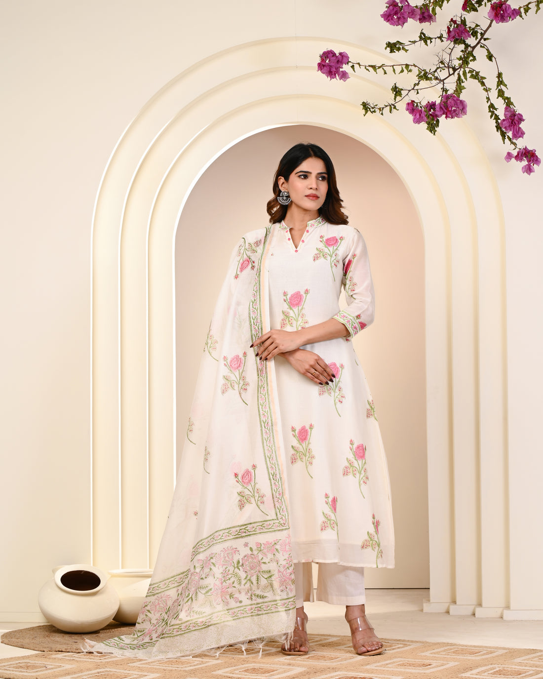 GULZAR HAND BLOCK PRINT CHANDERI SILK SUIT SET