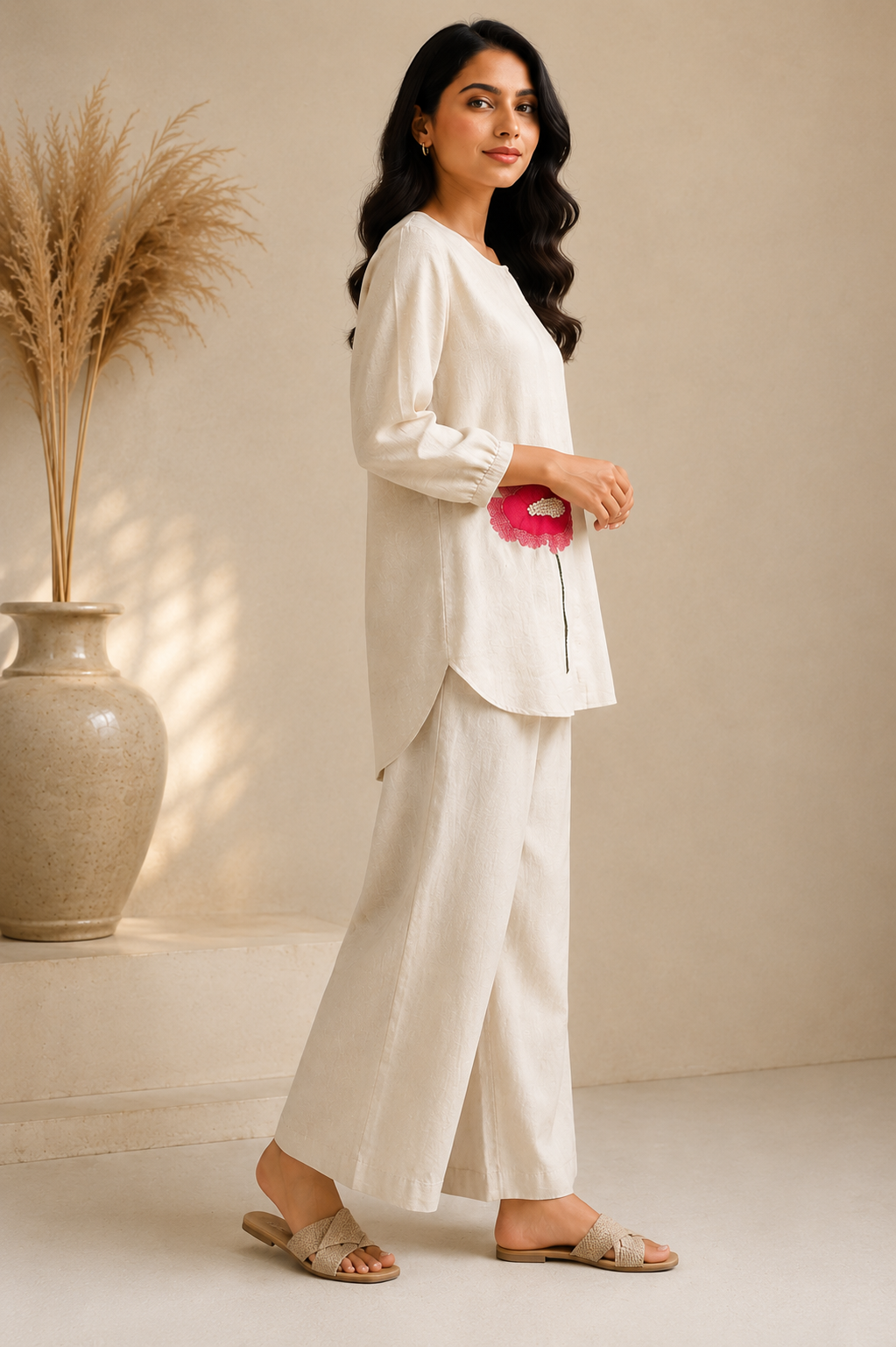Ivory Linen Coord Set with Floral Appliqué Detail