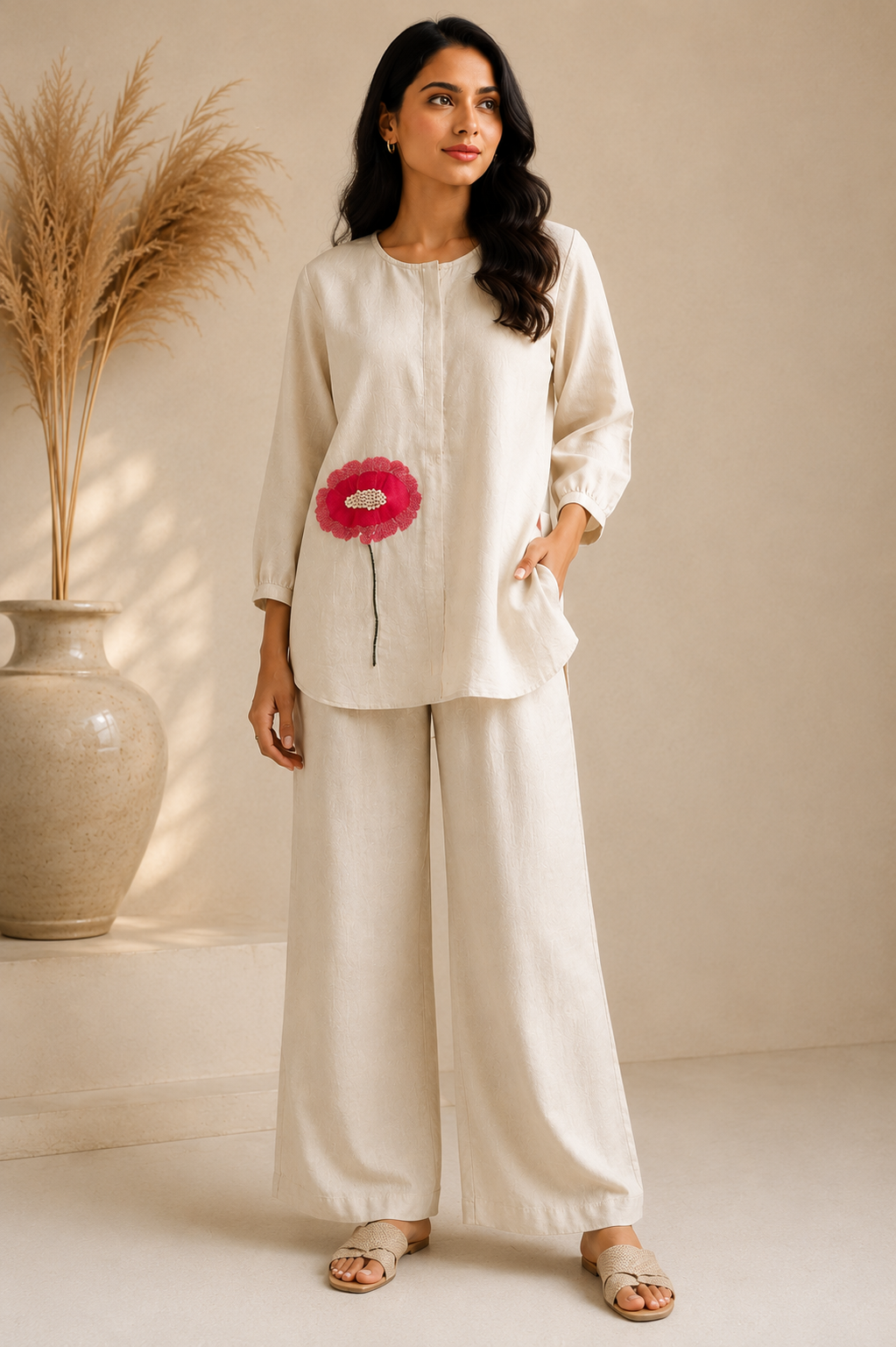 Ivory Linen Coord Set with Floral Appliqué Detail